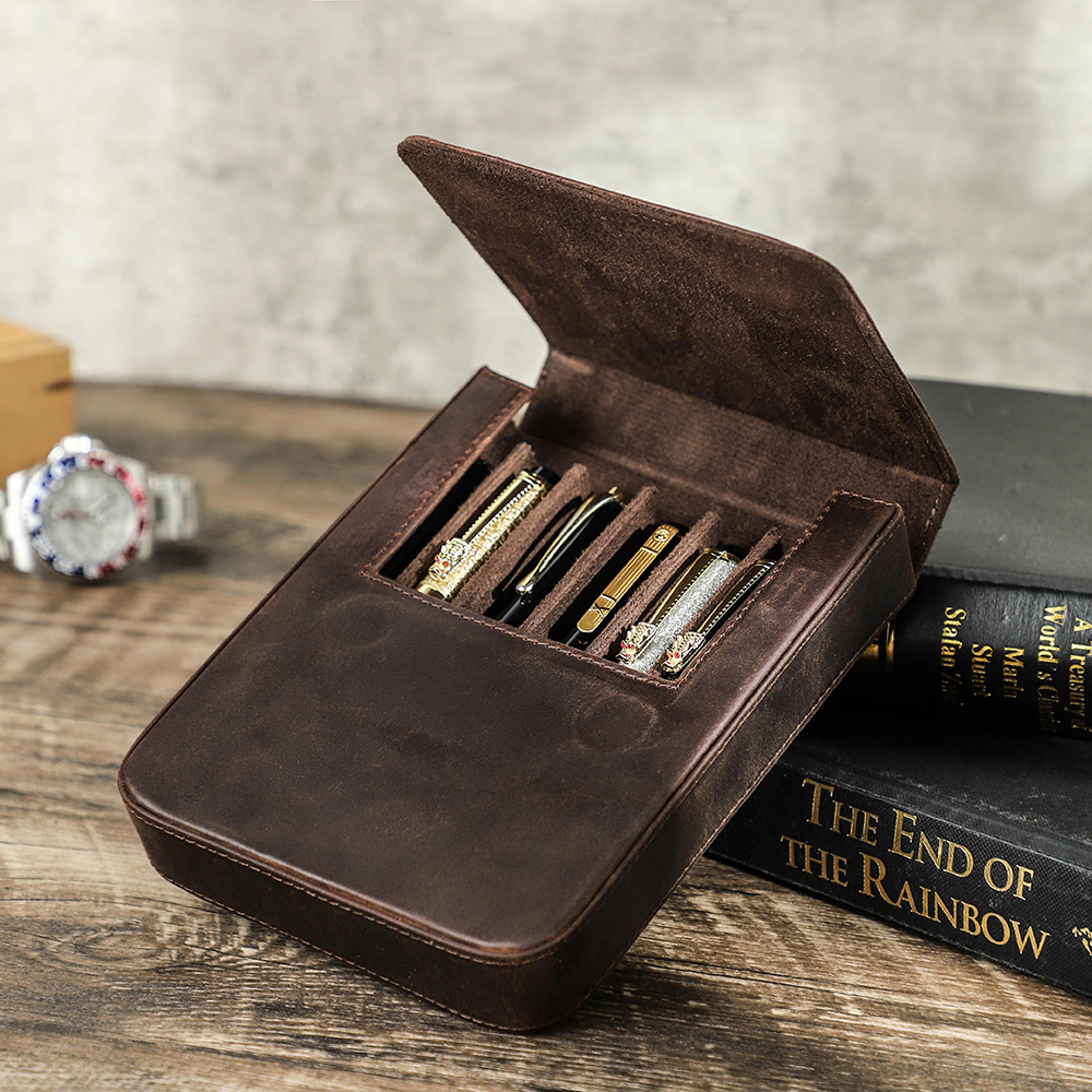 handmade family fountain pen case leather holder, retro pen box, pen pouch organizer for men women, boys girls school