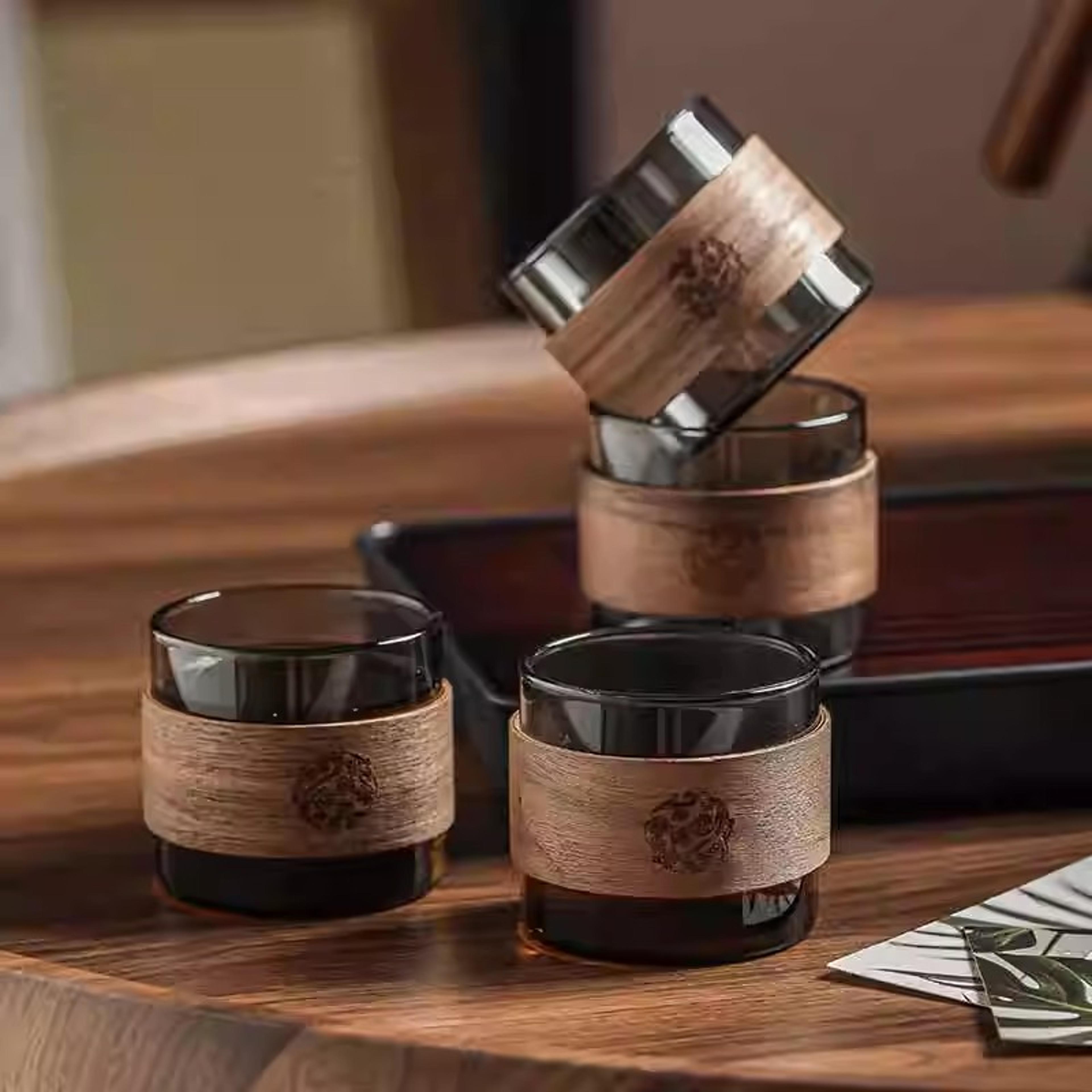 home coffee espresso mug set, heat-resistant glass tea cup, scald proof wooden holder, kungfu tea master set