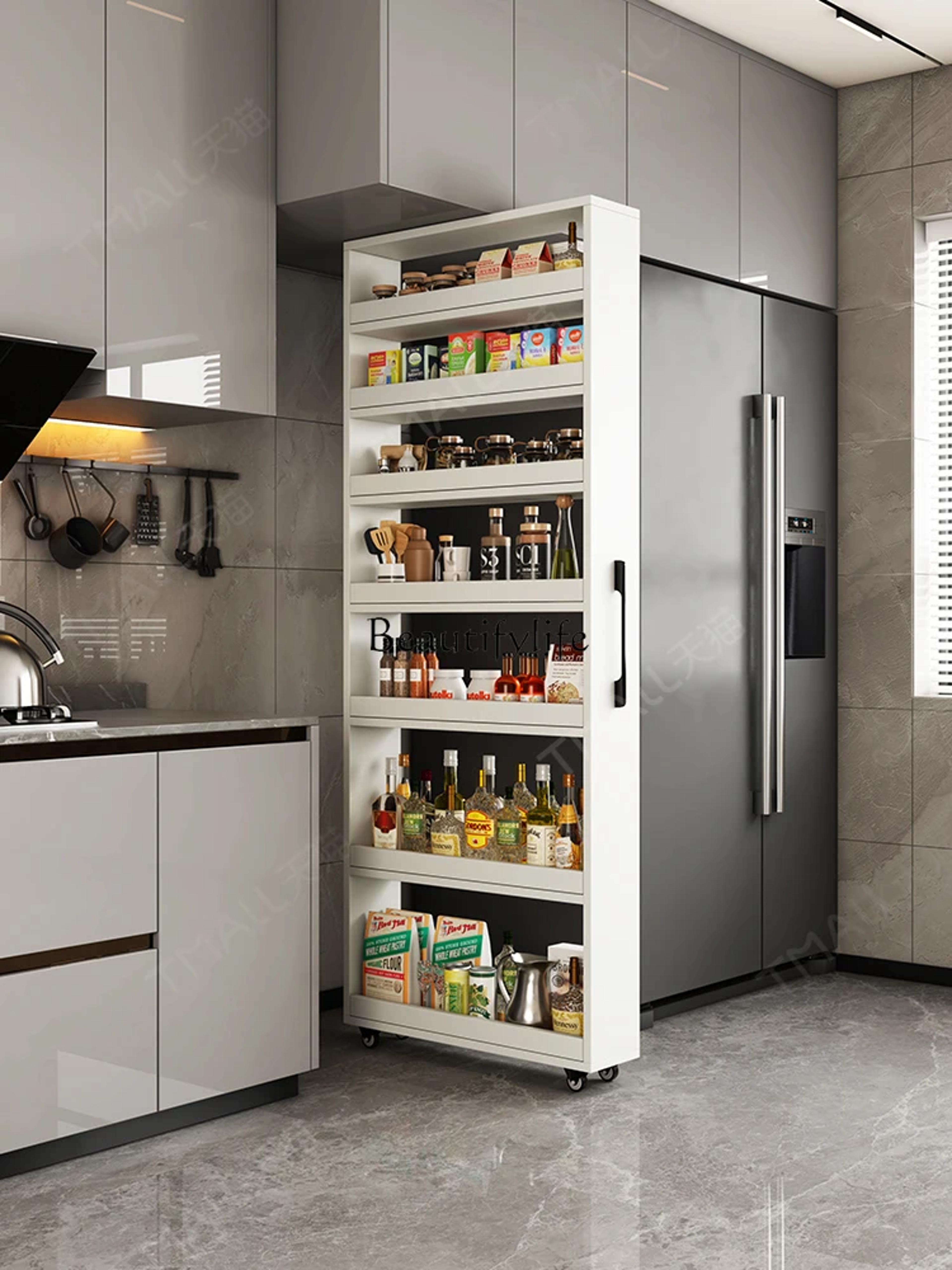 extremely narrow kitchen storage, side pull cabinet, refrigerator gap sideboard cabinet, push and pull mobile storage