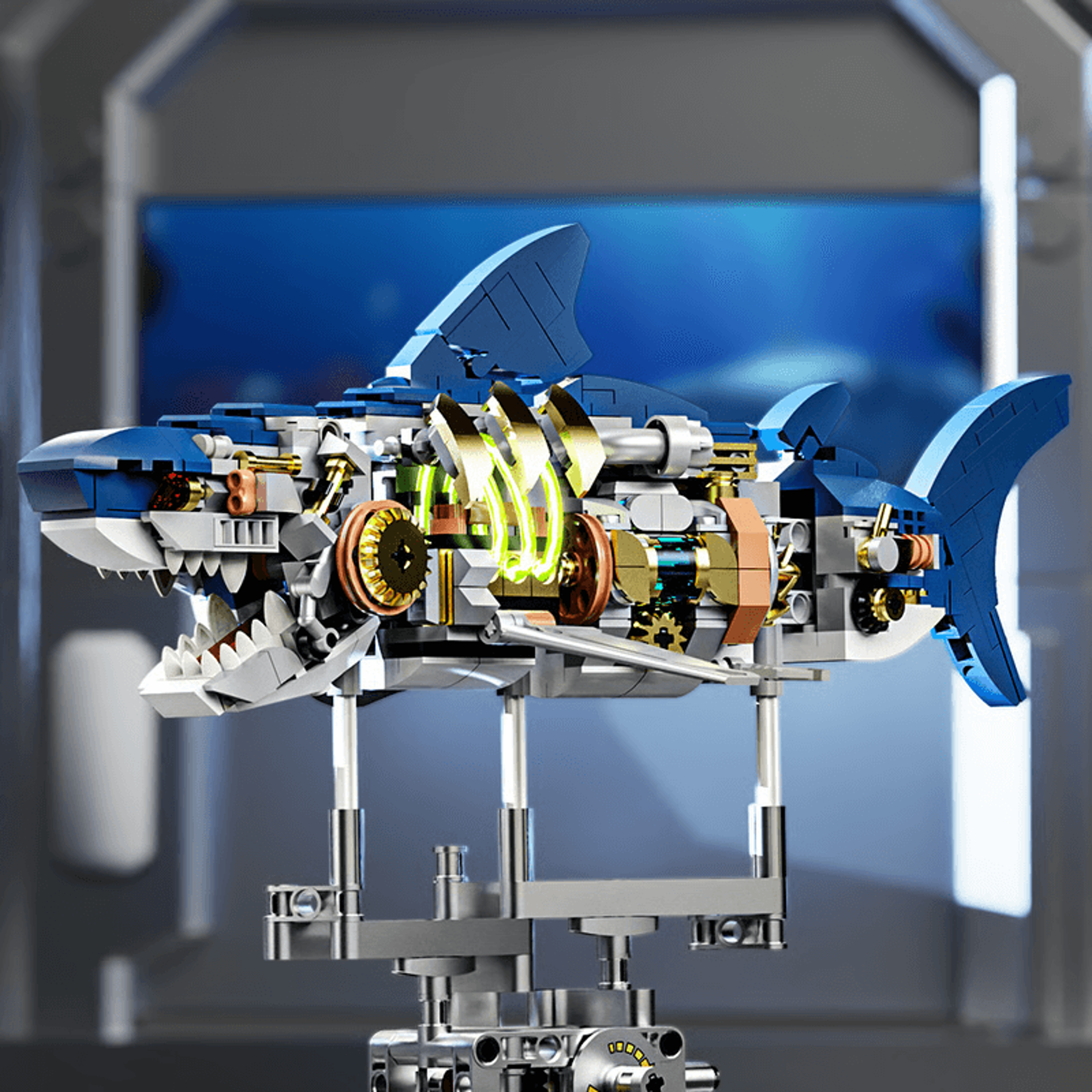 mechanical shark building set, shark sea life blocks with display stand & lights
