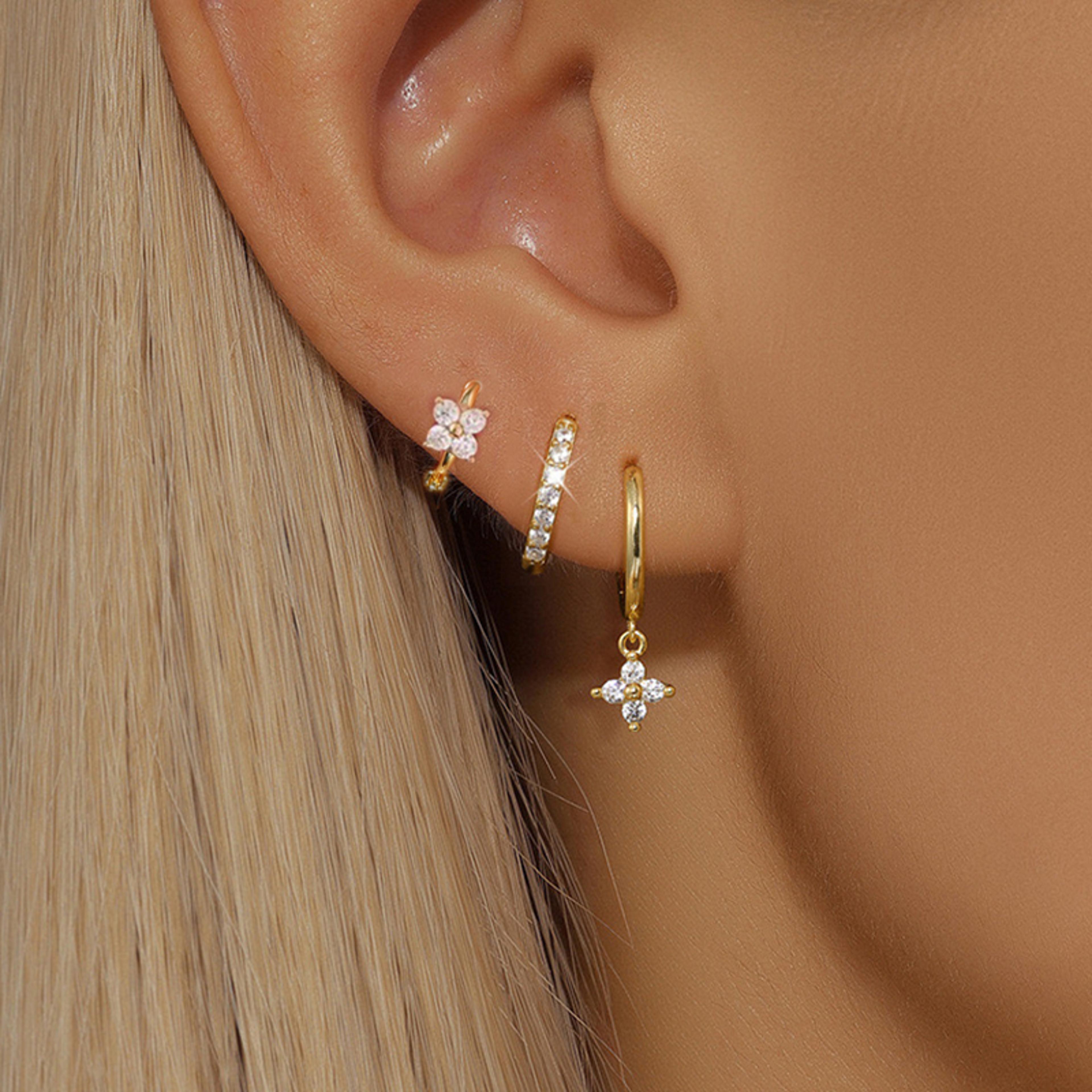 three pcs stainless steel flower drop earring set cubic zirconia dangle jewelry