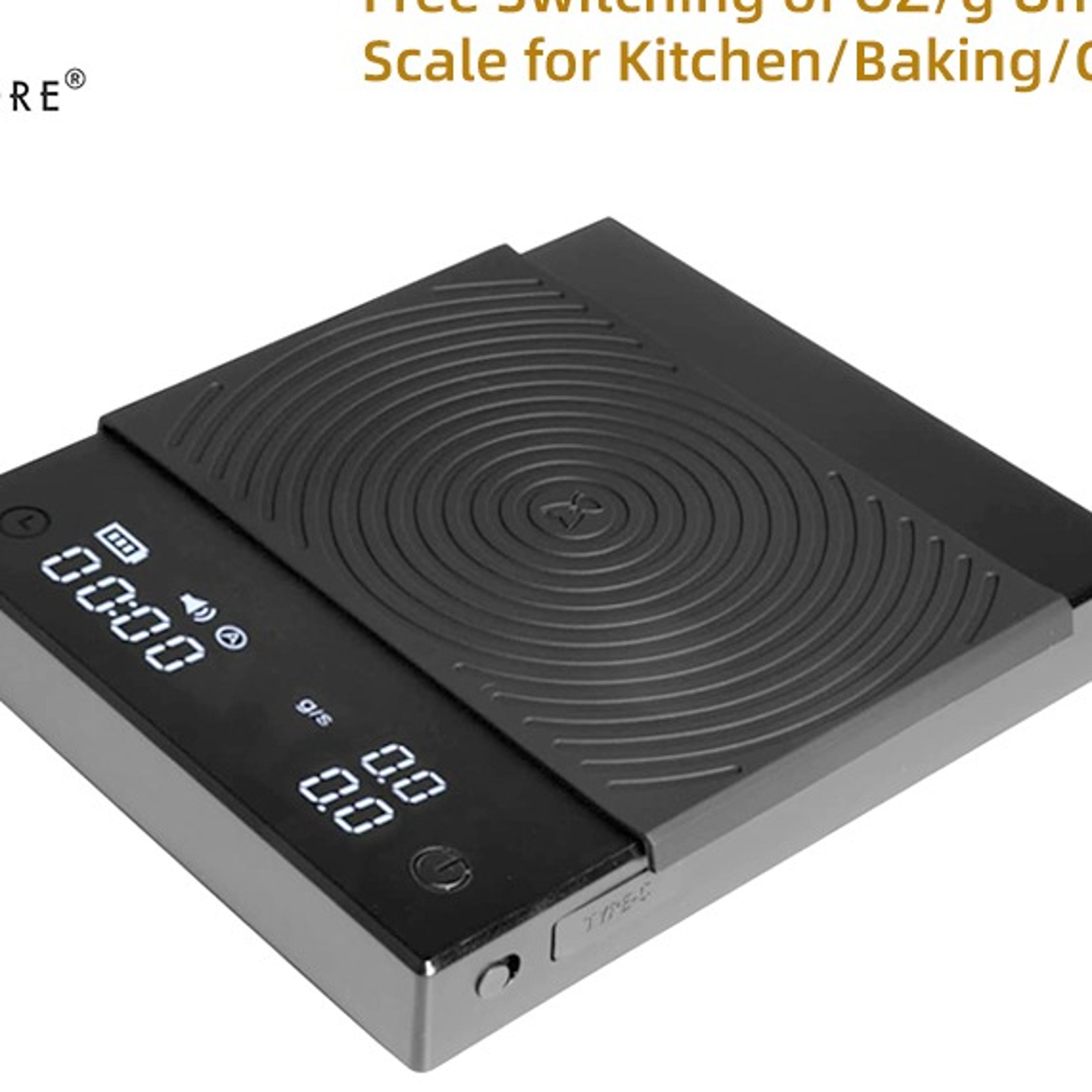 digital coffee scale with flow rate display and auto timer for pour over and espresso