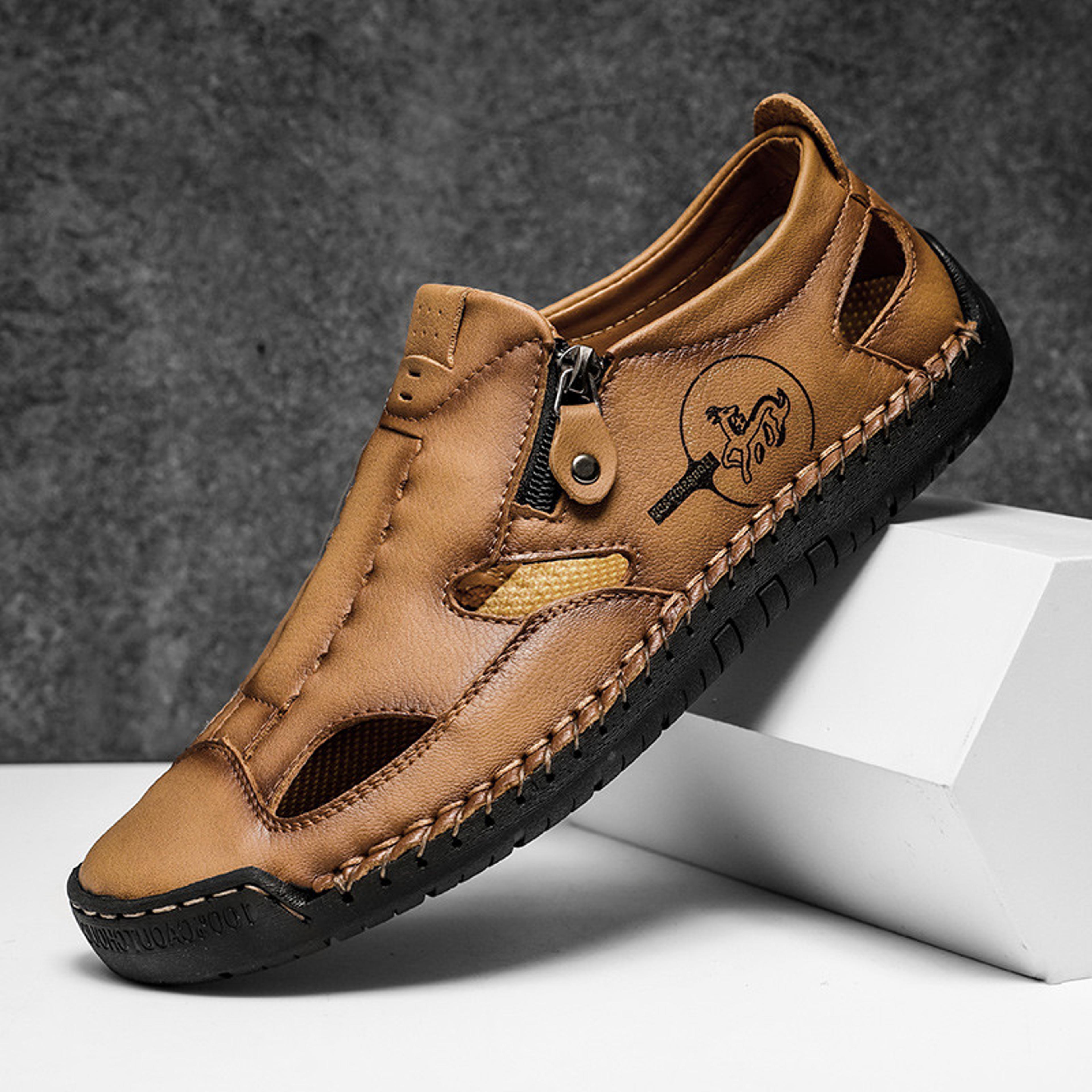 mens leather gladiator sandals with breathable design and zipper closure