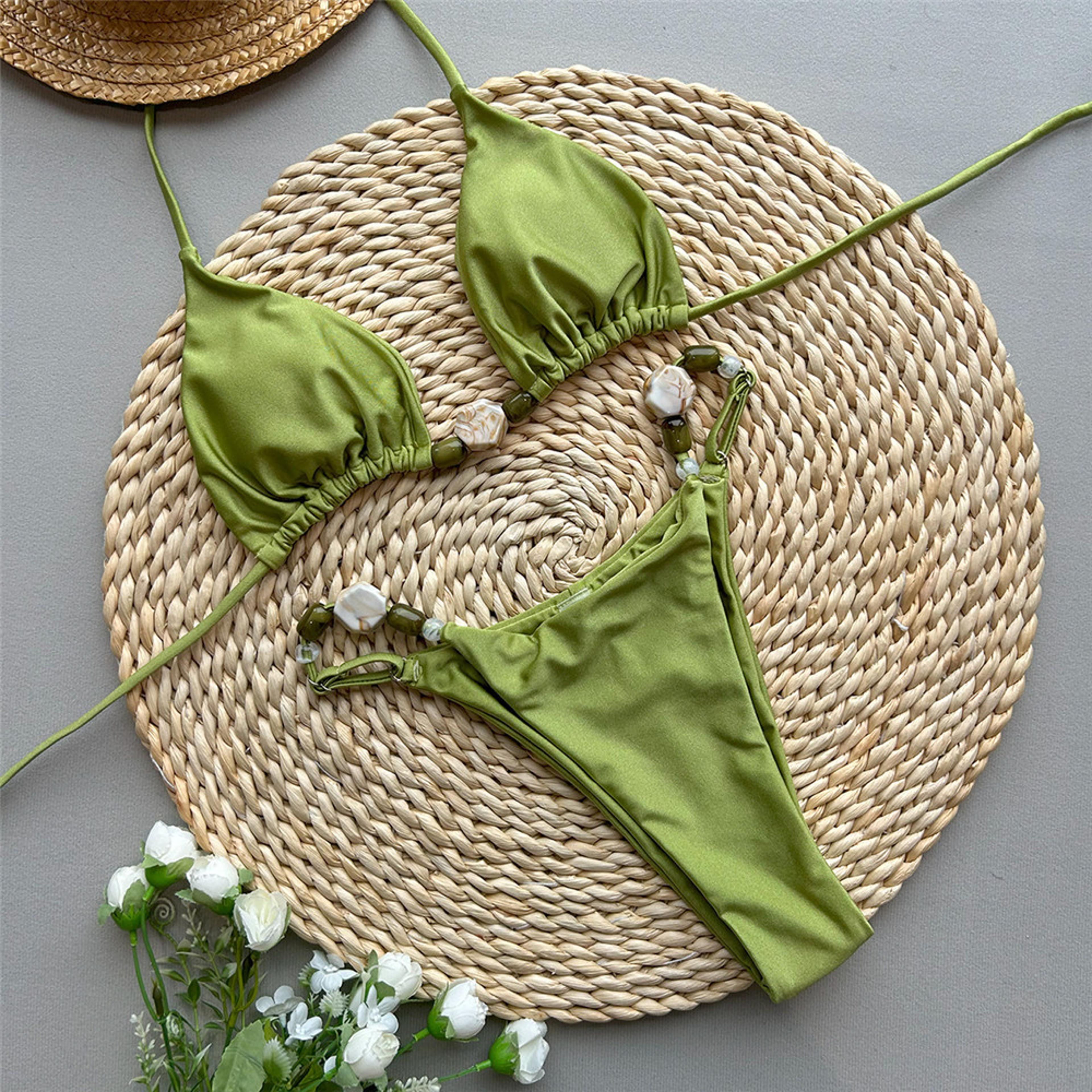 womens green halter triangle bikini set beaded string brazilian thong swimsuit