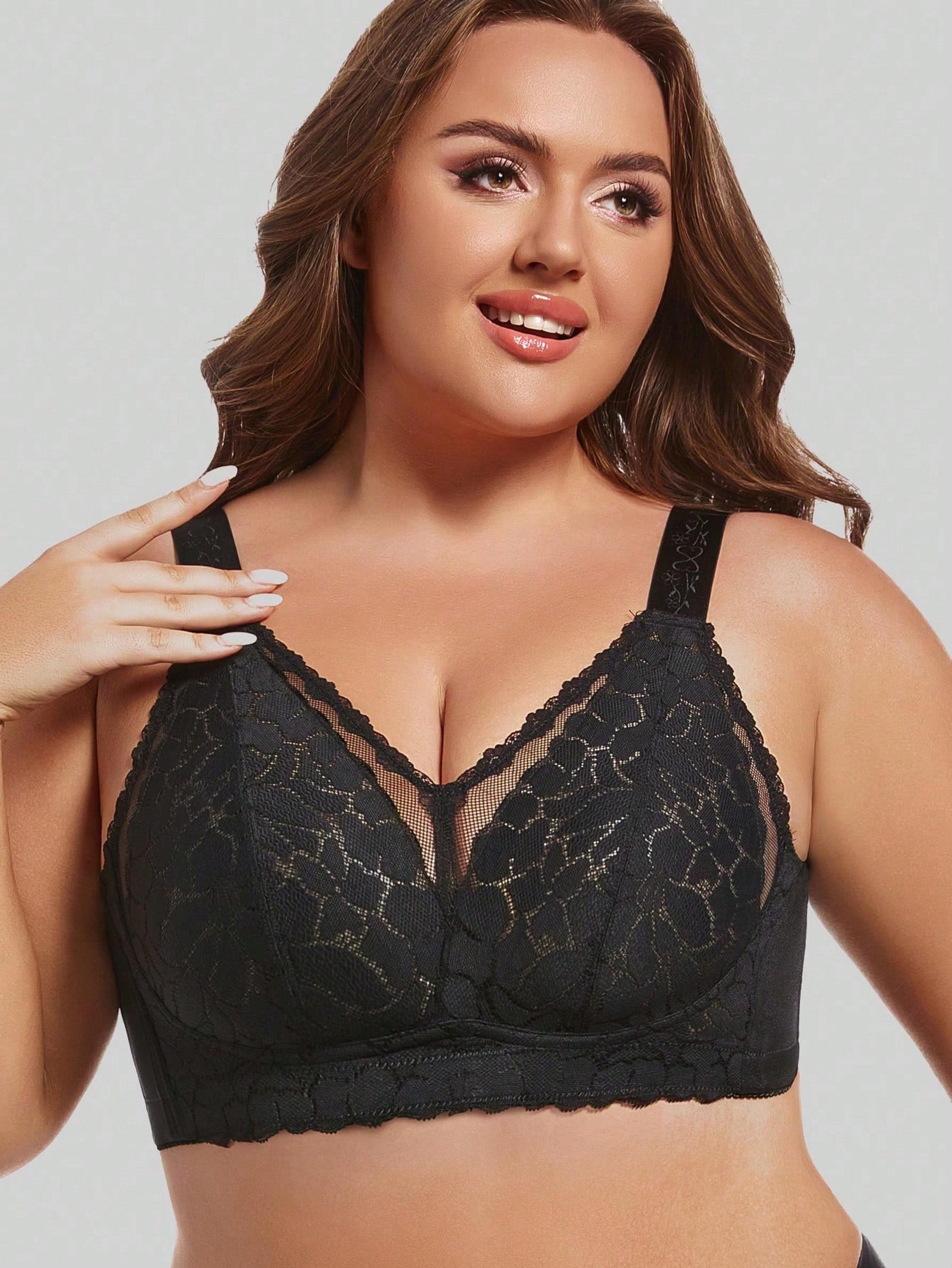 womens plus size wireless full coverage bra with lace and adjustable straps