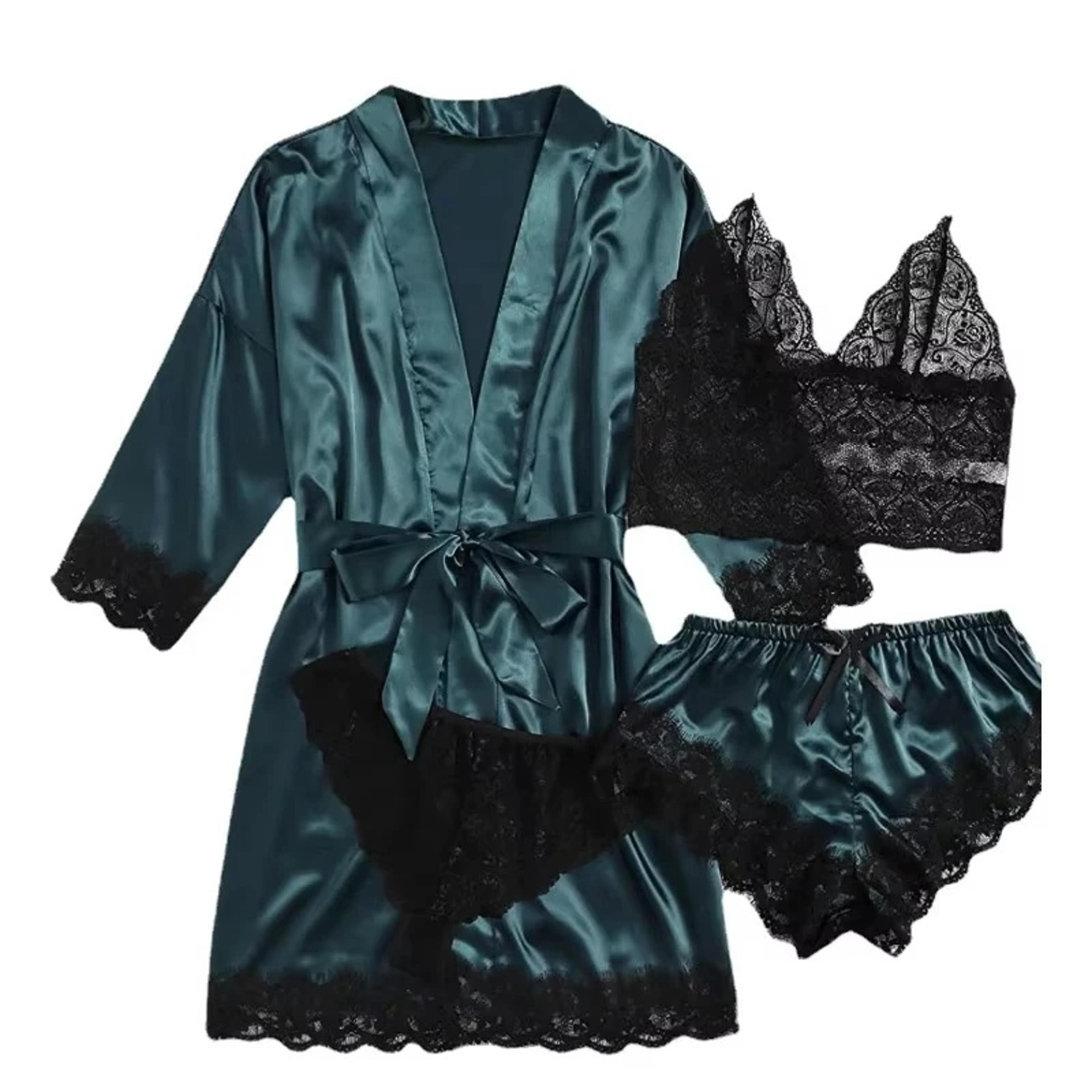 womens four piece satin pajama set with lace detail and robe