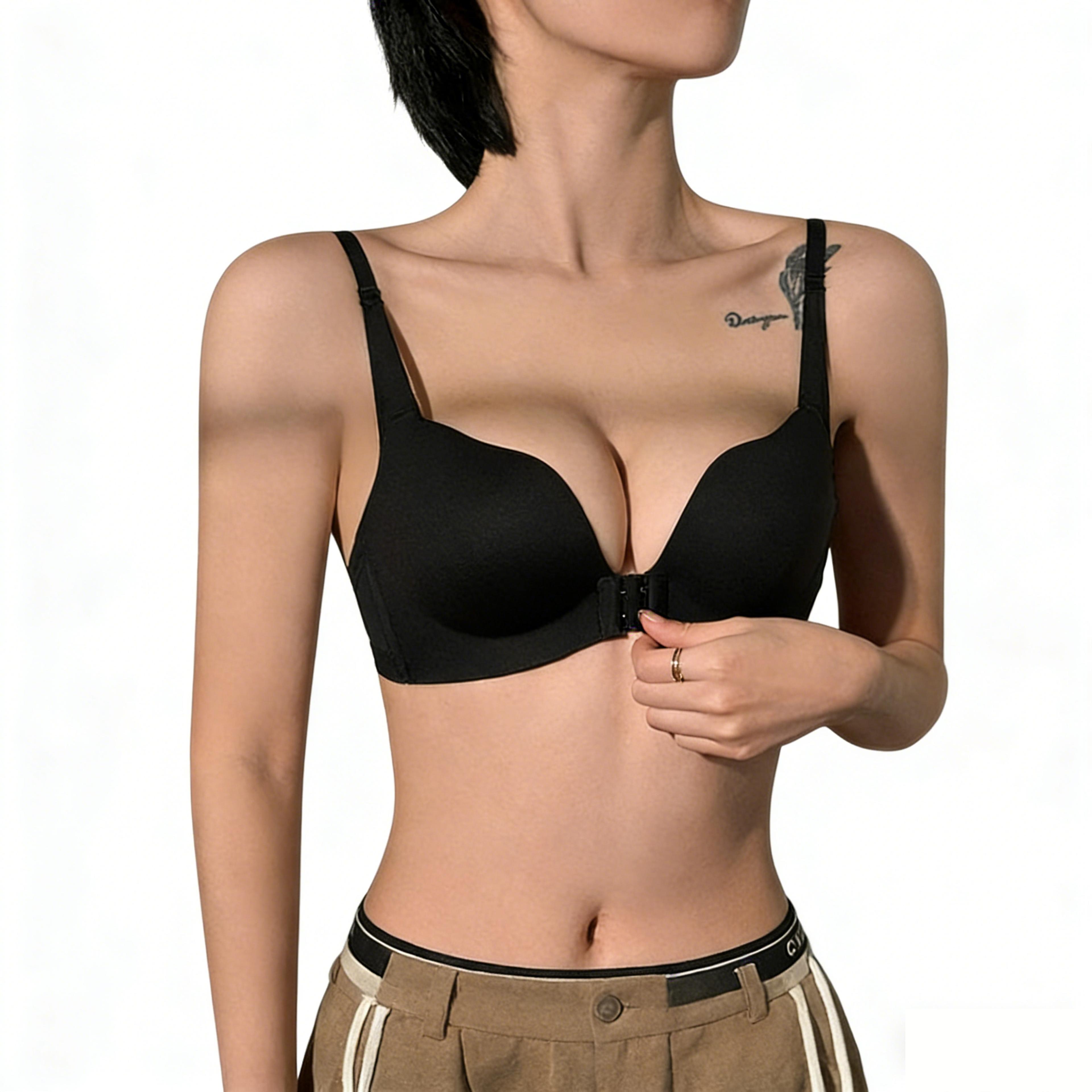 womens front closure wireless bra with plunge neckline and adjustable straps