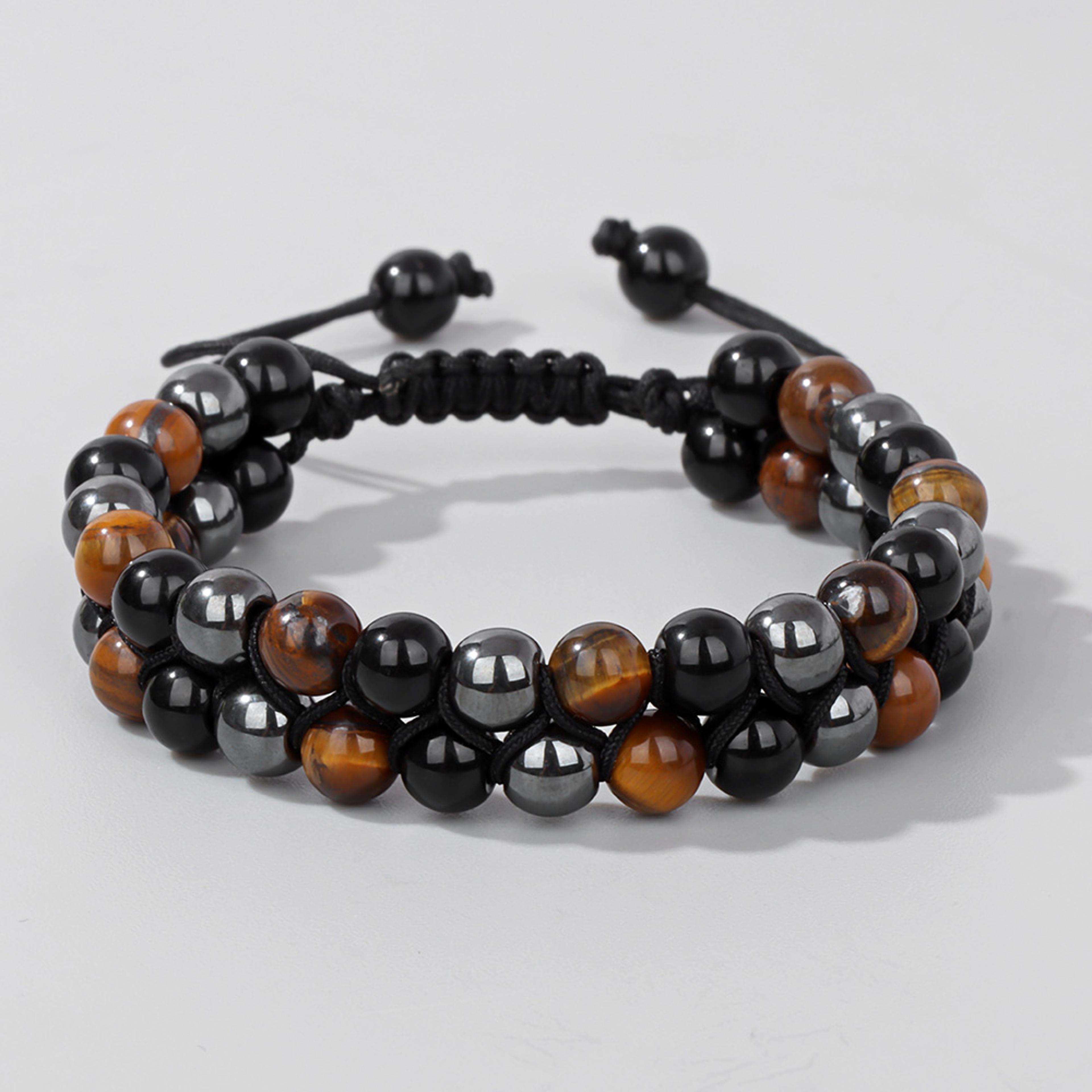 natural tiger eye and hematite double layer beaded bracelet