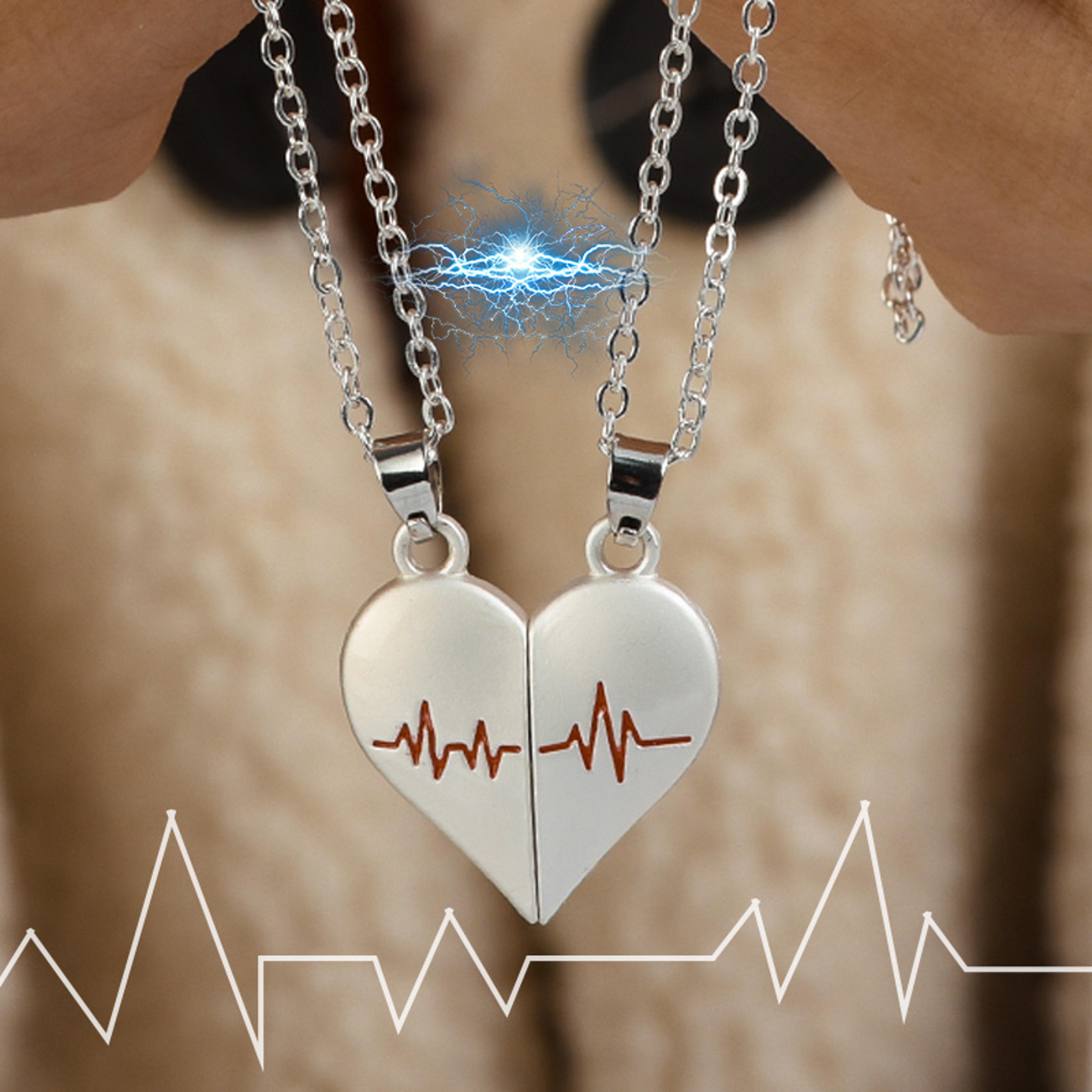 magnetic heart couple necklaces two piece electrocardiogram pendant jewelry set