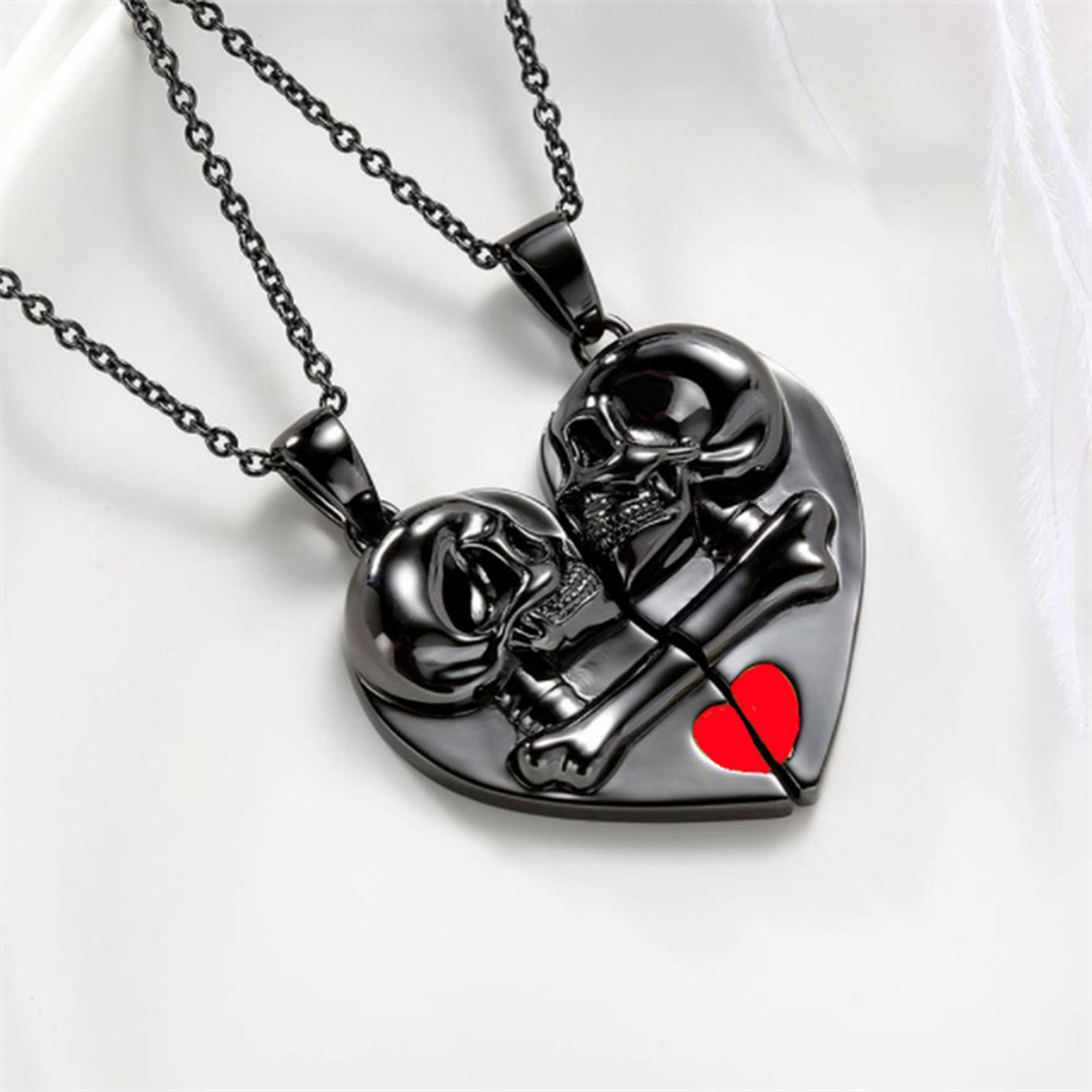 gothic skull and red heart magnetic couple necklace unisex punk jewelry