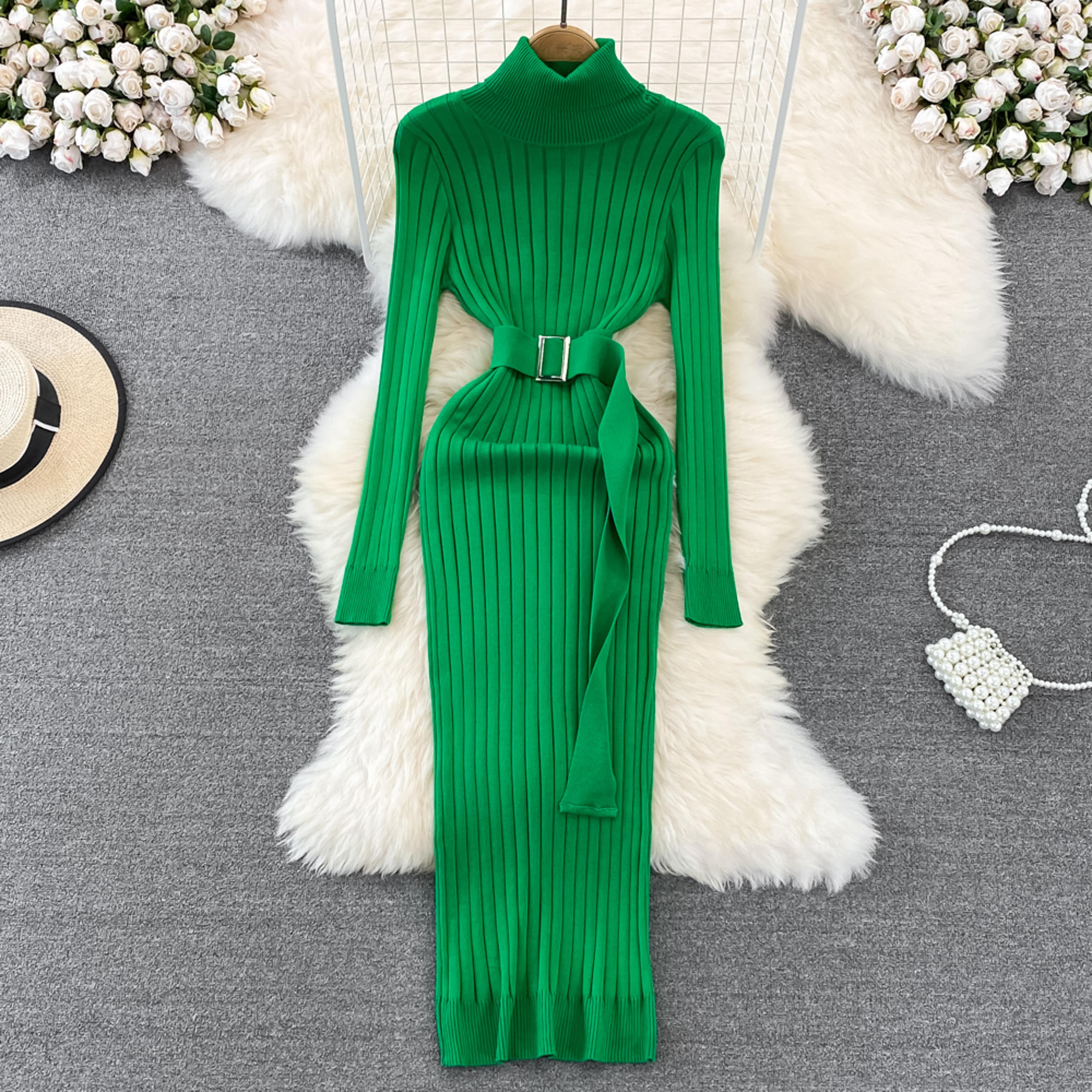 womens turtleneck bodycon sweater dress with long sleeves and waist sash