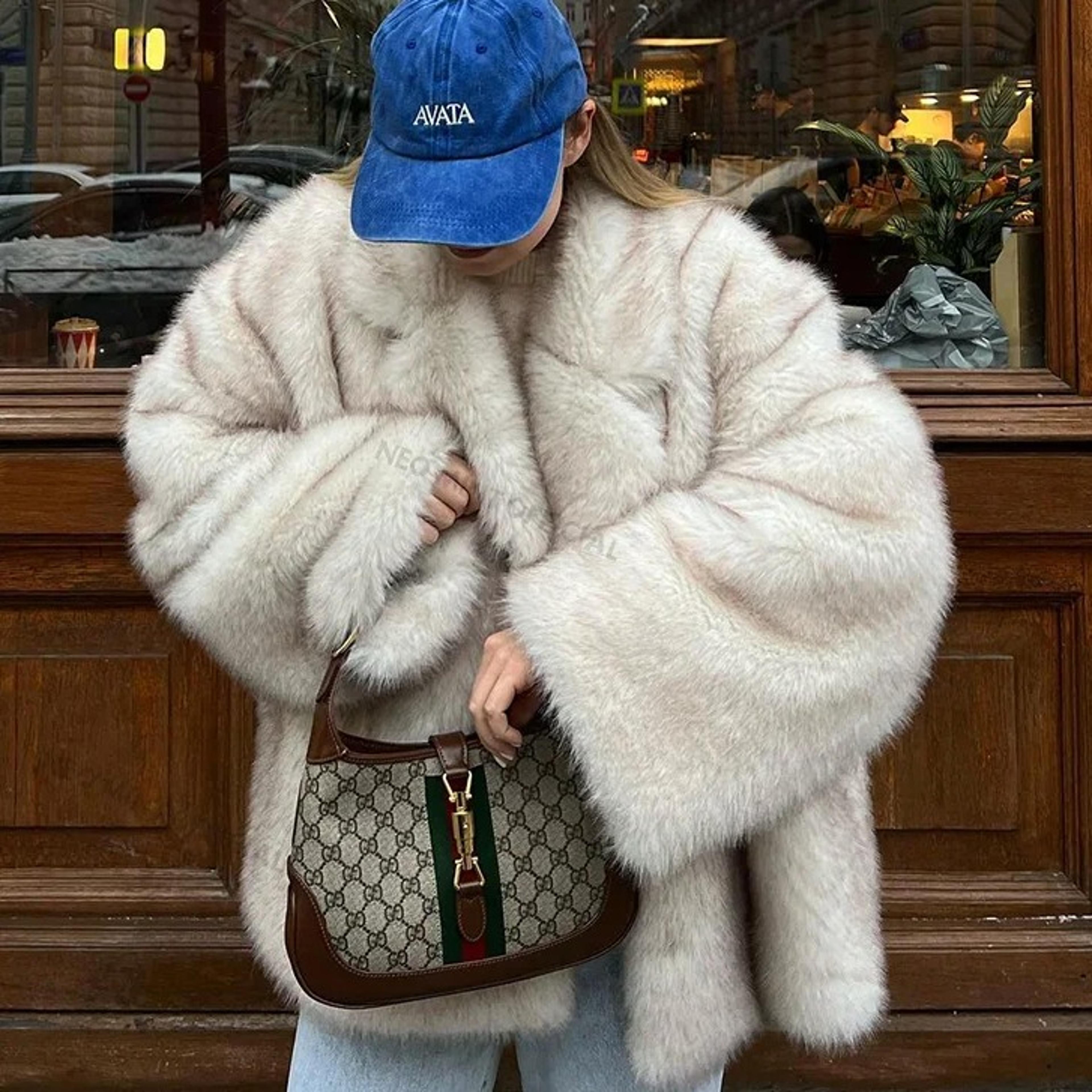 womens oversized gradient faux fur coat with batwing sleeves