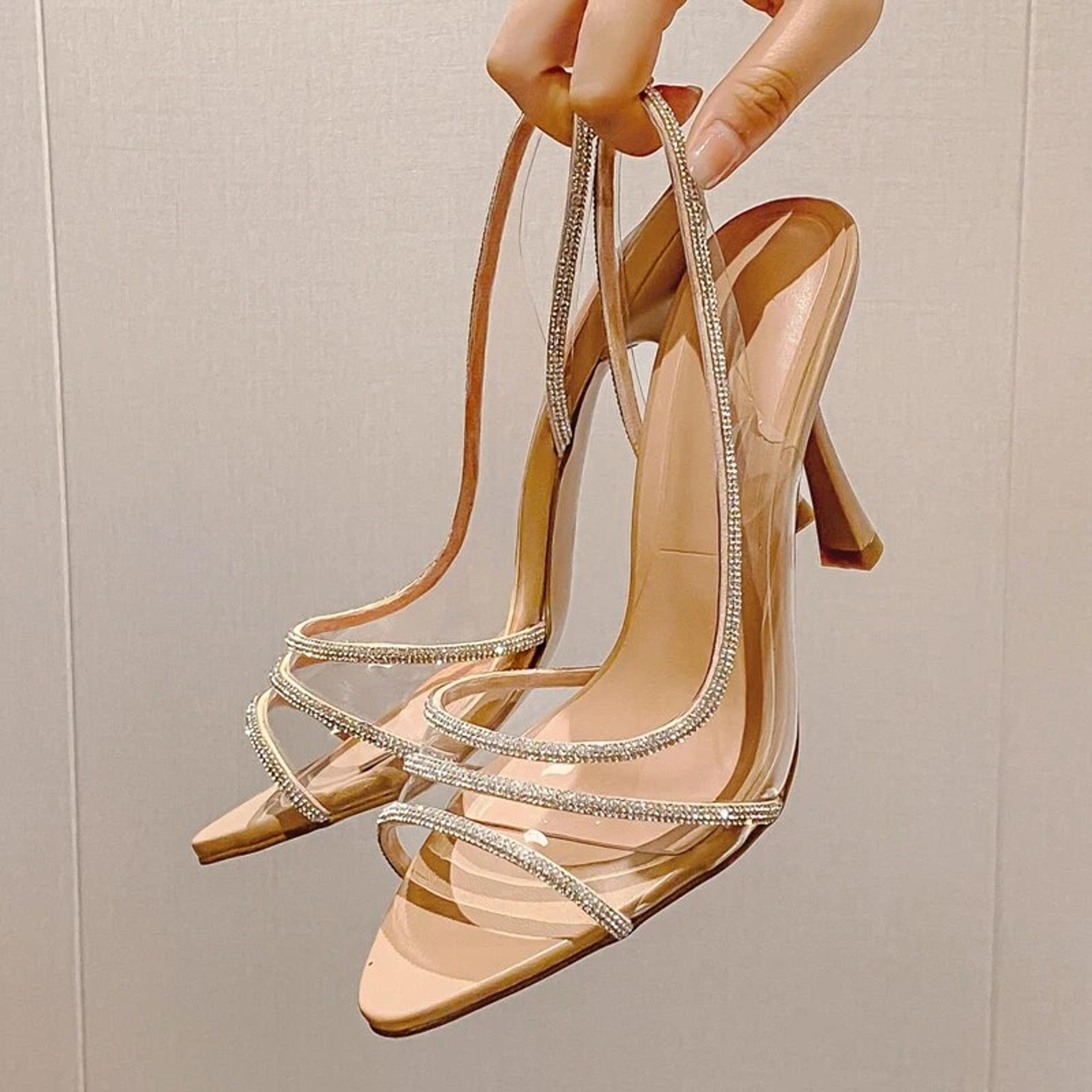 womens rhinestone slingback pumps with transparent peep toe design