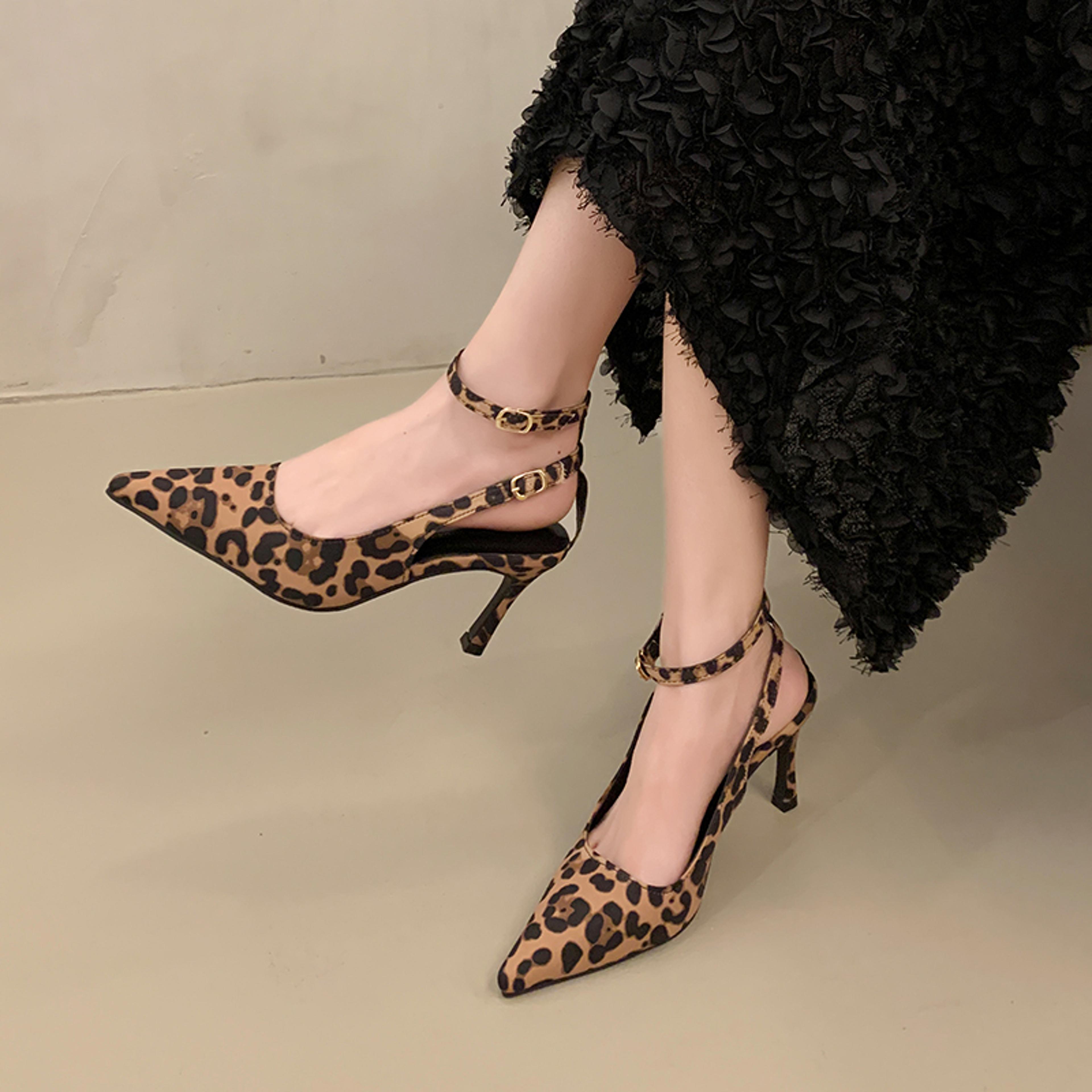 womens leopard print pointed toe high heel ankle wrap sandals