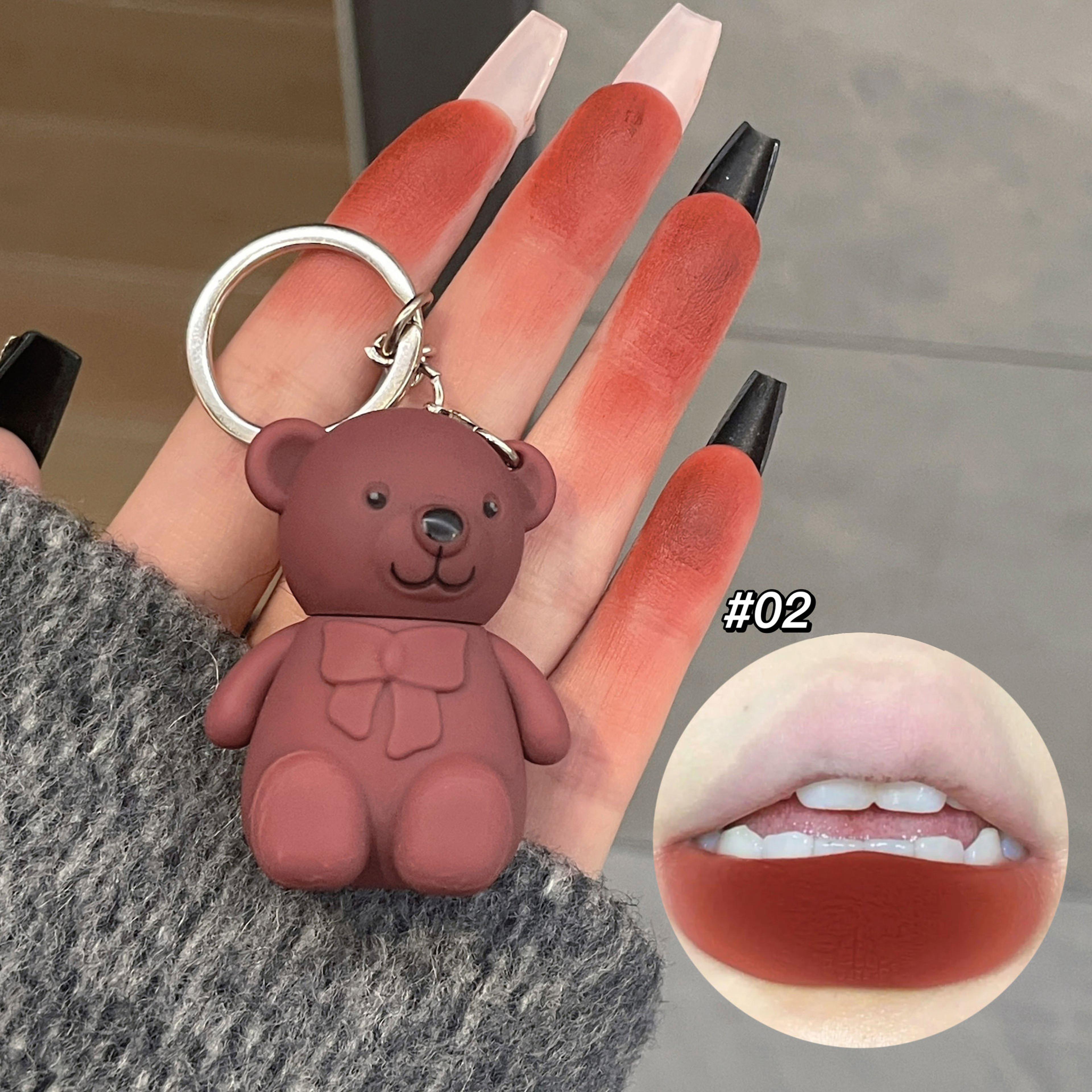 keychain mirror lip gloss, cute bear jelly liquid lipstick, waterproof tinted lip glaze, non-stick cup, makeup cosmetic