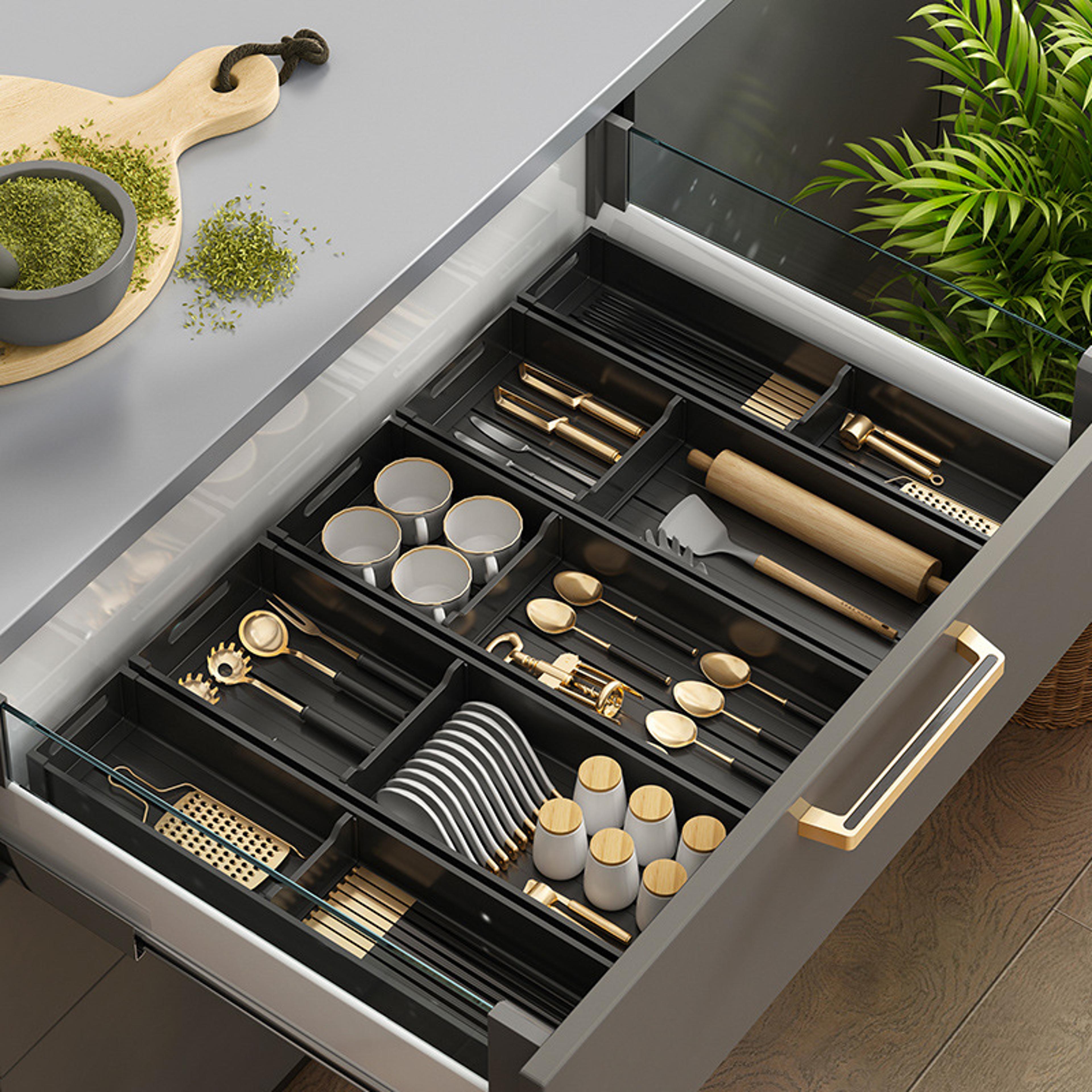 adjustable under cabinet dish rack, retractable spacing drawer organizer for spoons, chopsticks utensils space-saving