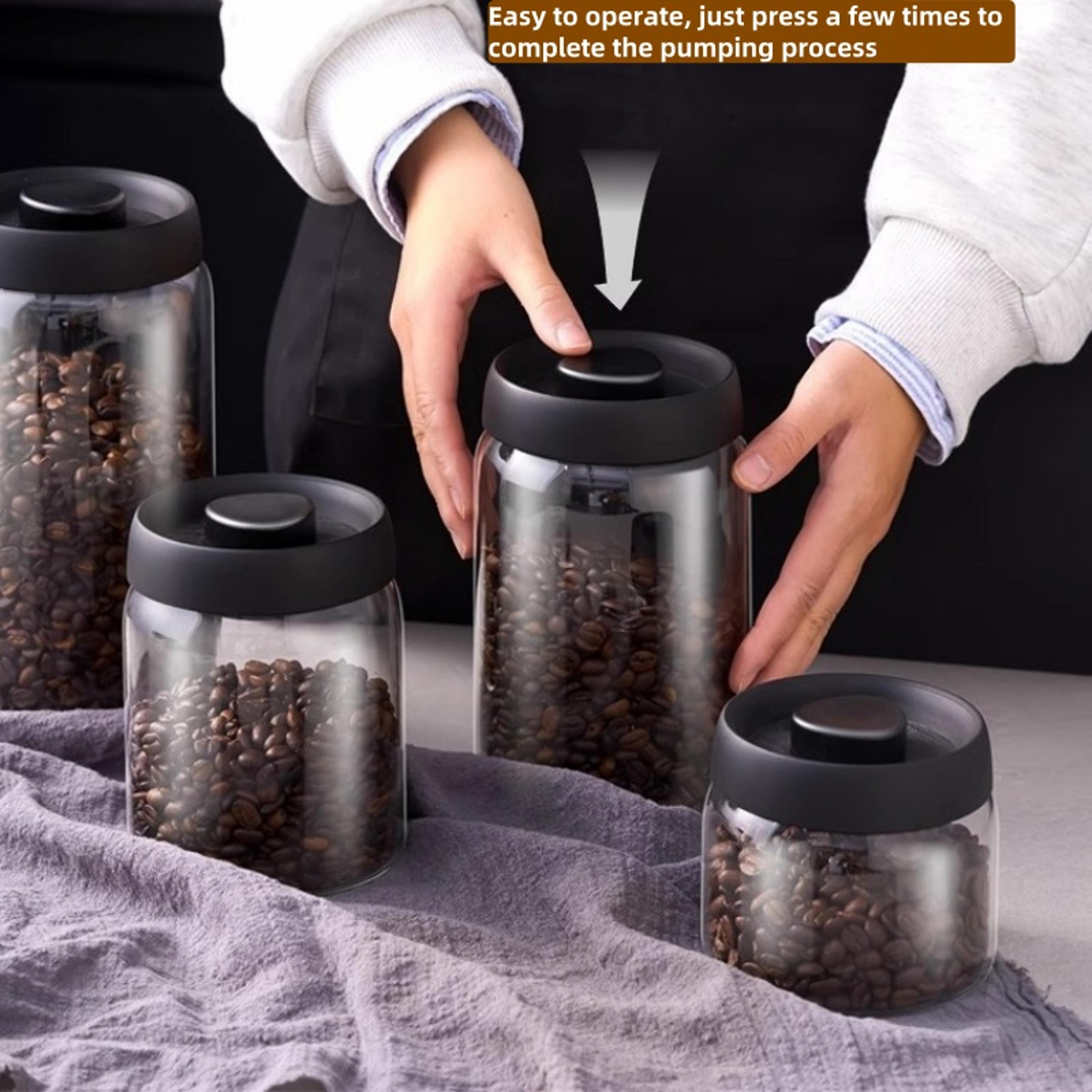 multi capacity coffee pot with black lid, manual vacuum sealed storage jar, moisture-proof glass teapot for coffee beans