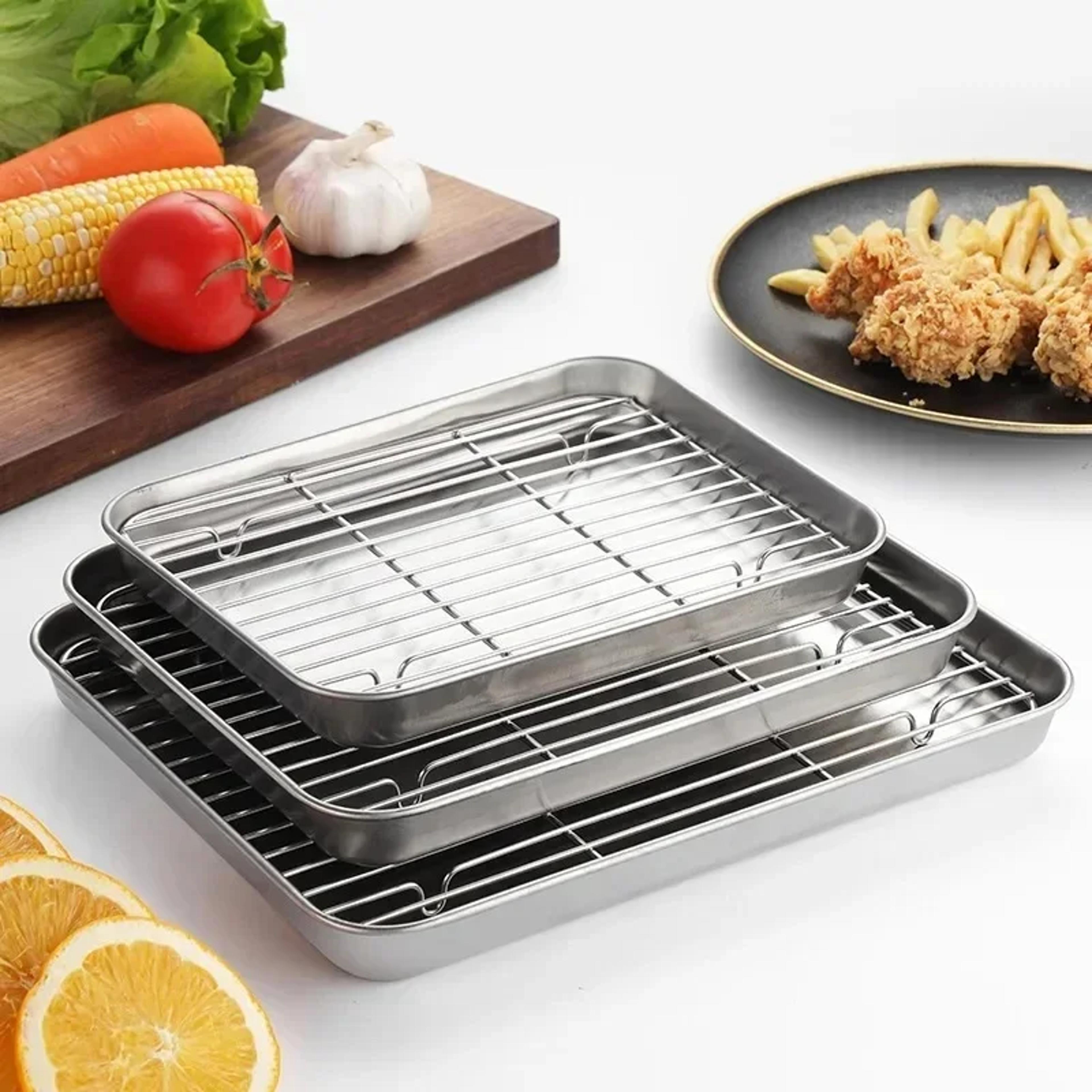 stainless steel baking pan tray with wire rack, cake baking bbq pan tray plate for oven, brownie rack, cooking, roasting