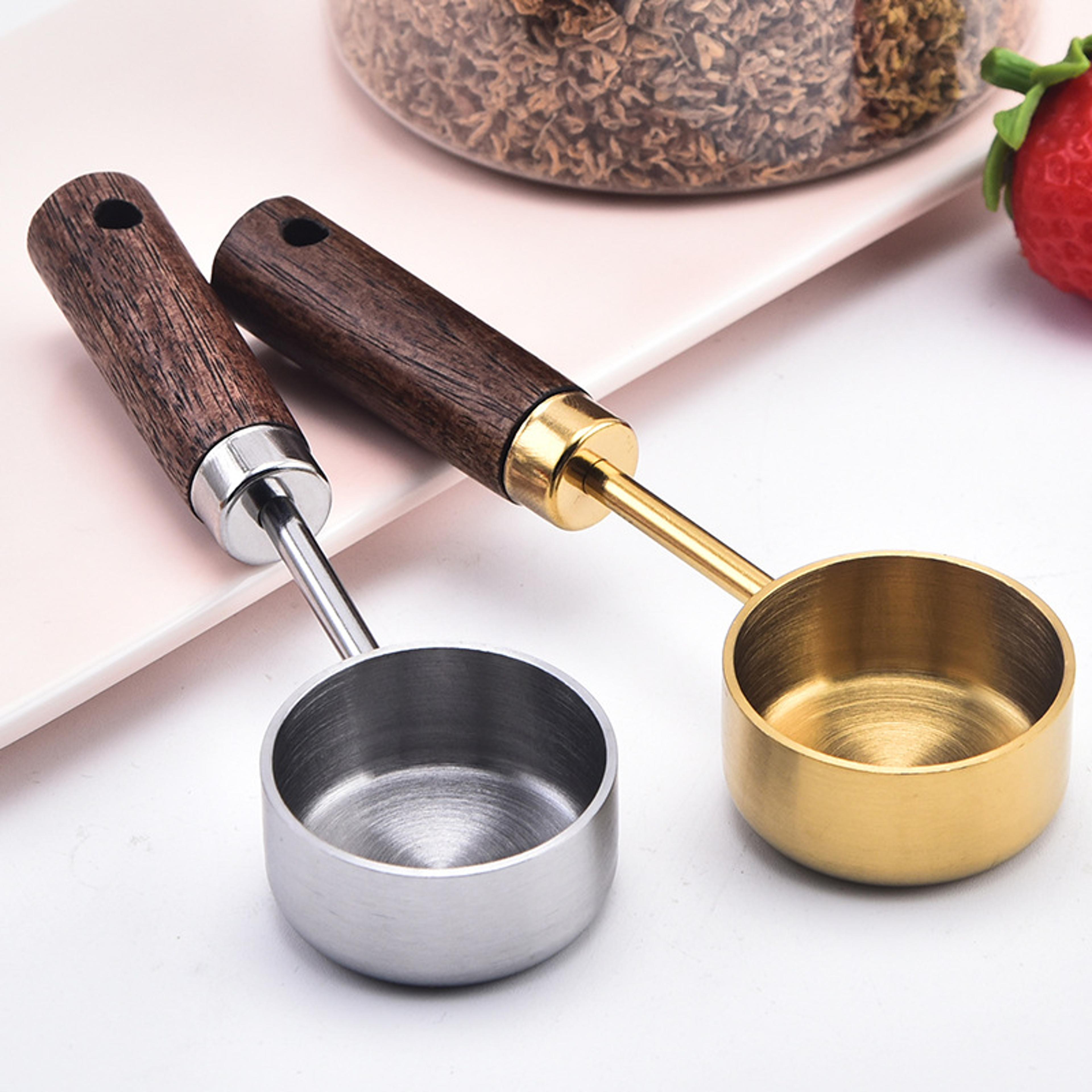 stainless steel measuring spoon with wood handle, tablespoon coffee scoop, sugar powder coffee bean measure spoon