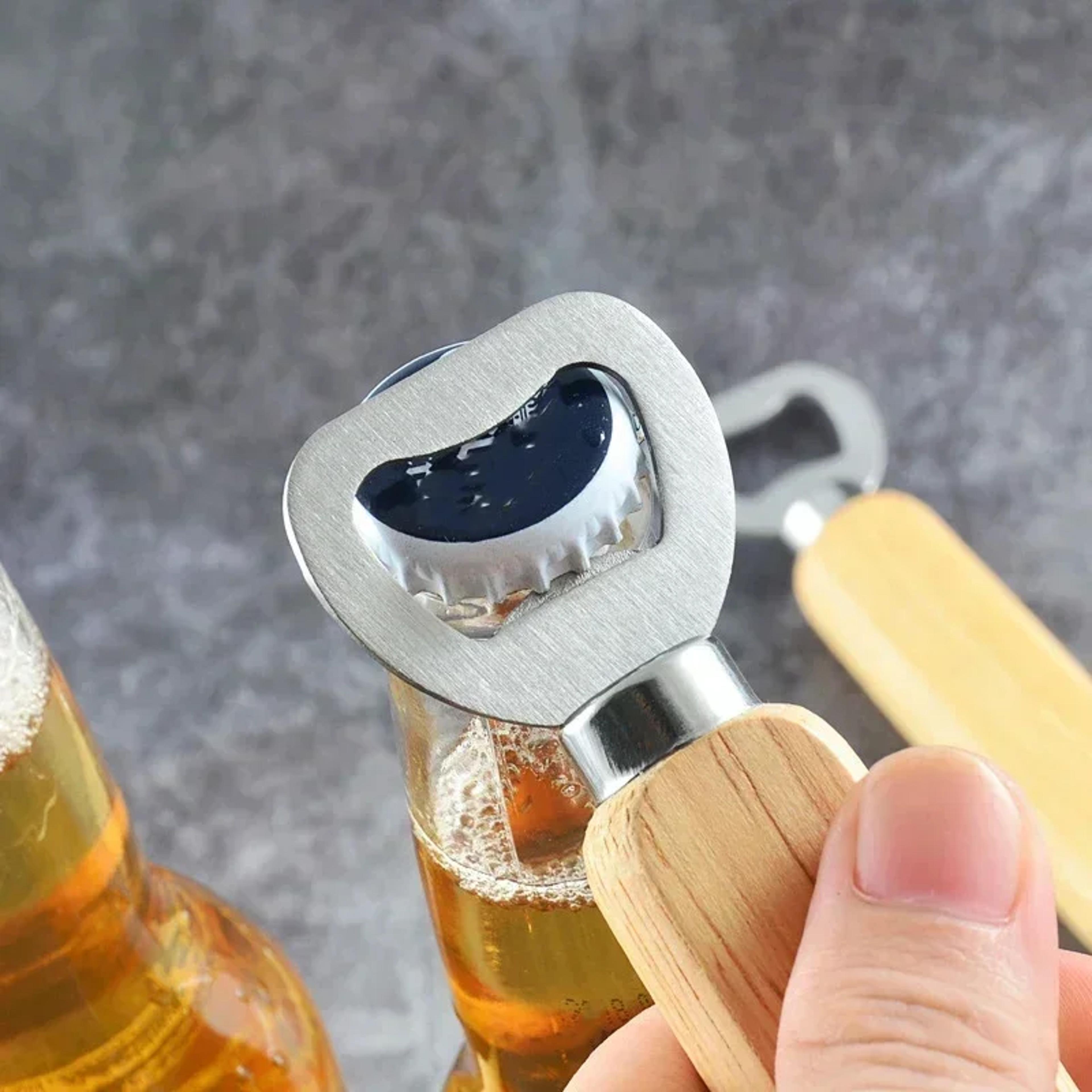 popular beer bottle opener with thickened stainless steel, wooden handle for alcoholic non-alcoholic beverages