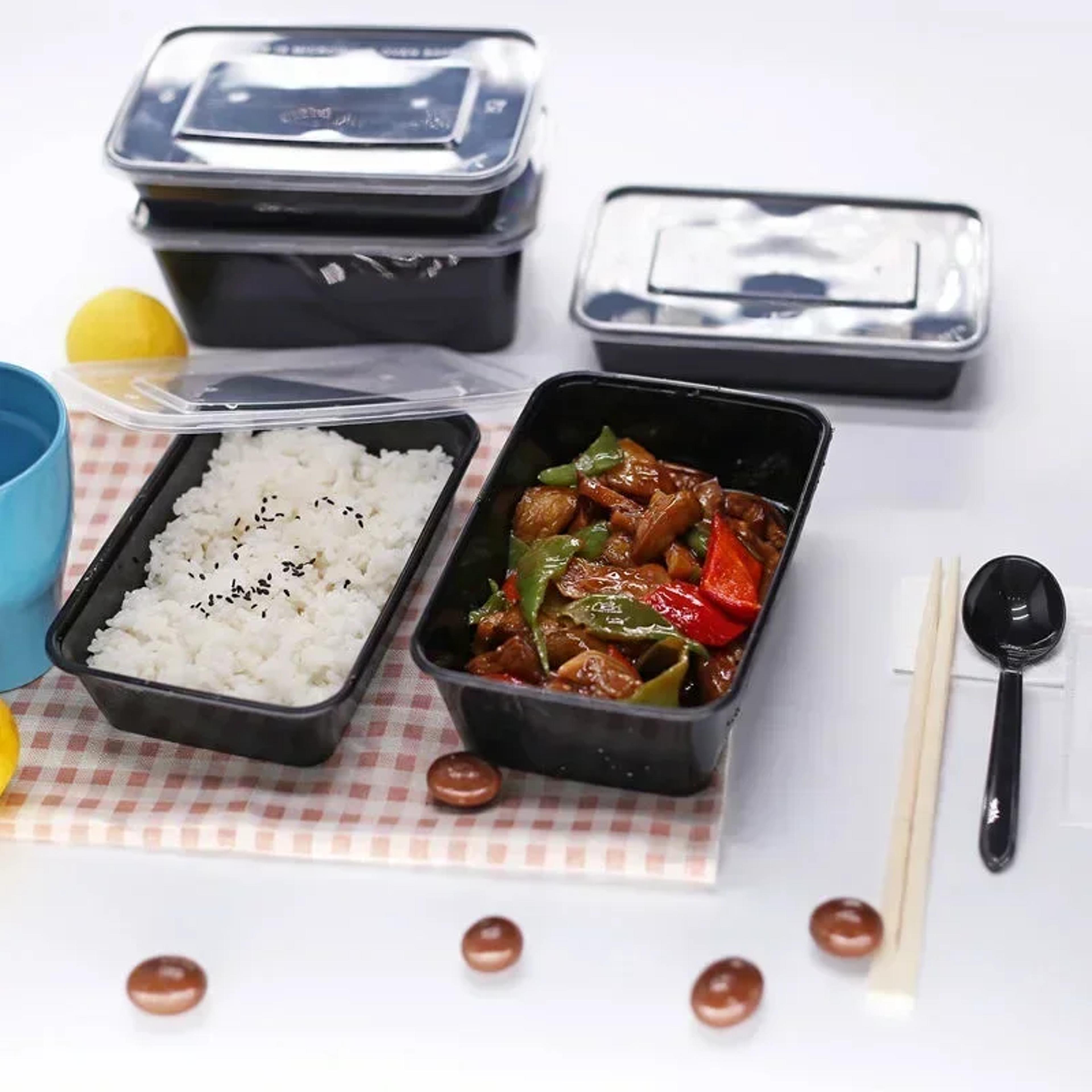 thick disposable takeaway lunch box, microwave heated rectangular black plastic bowl, food packaging box, tableware