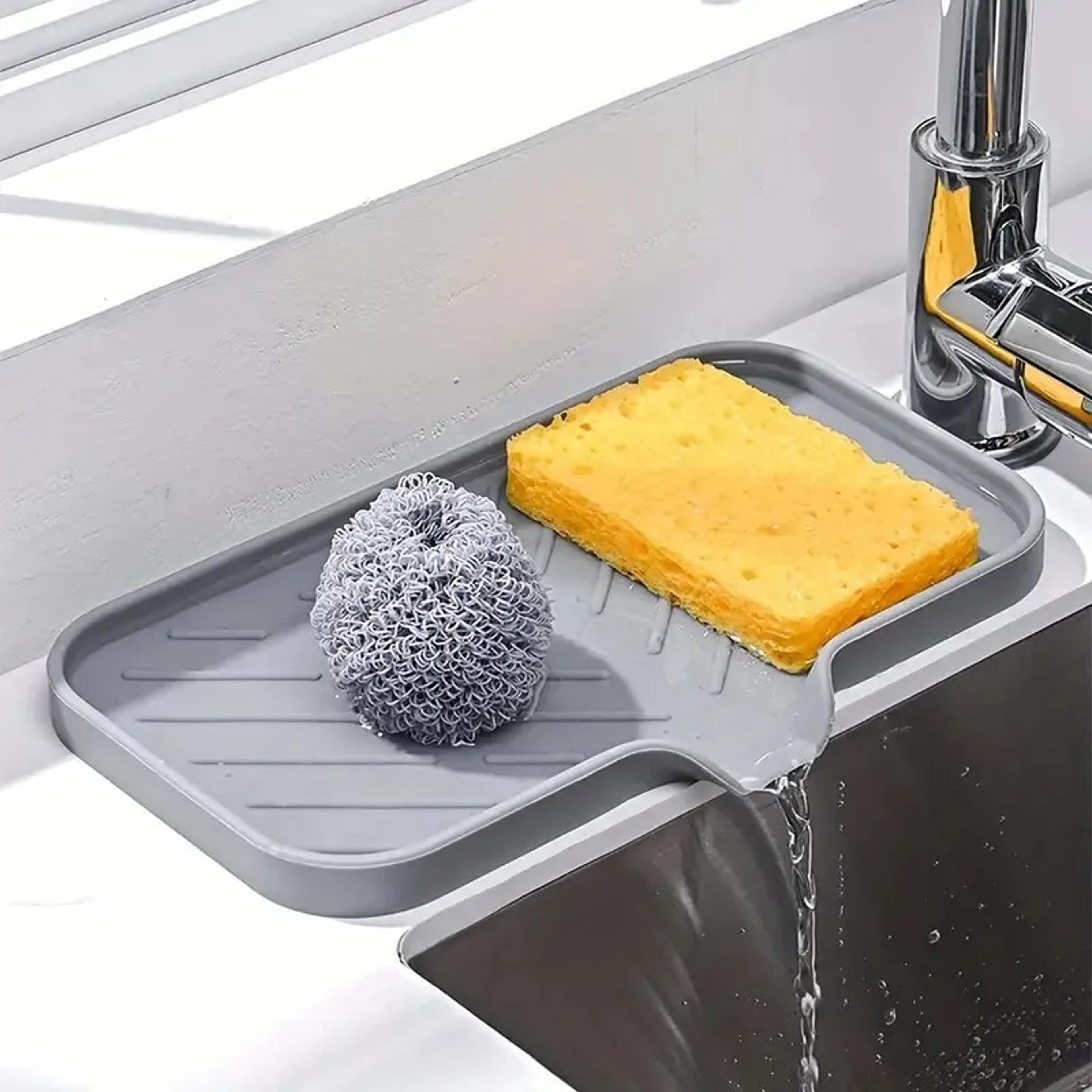 sink silicone tray with drain, soap sponge storage holder, countertop sink scrubber brush soap storage rack, kitchen