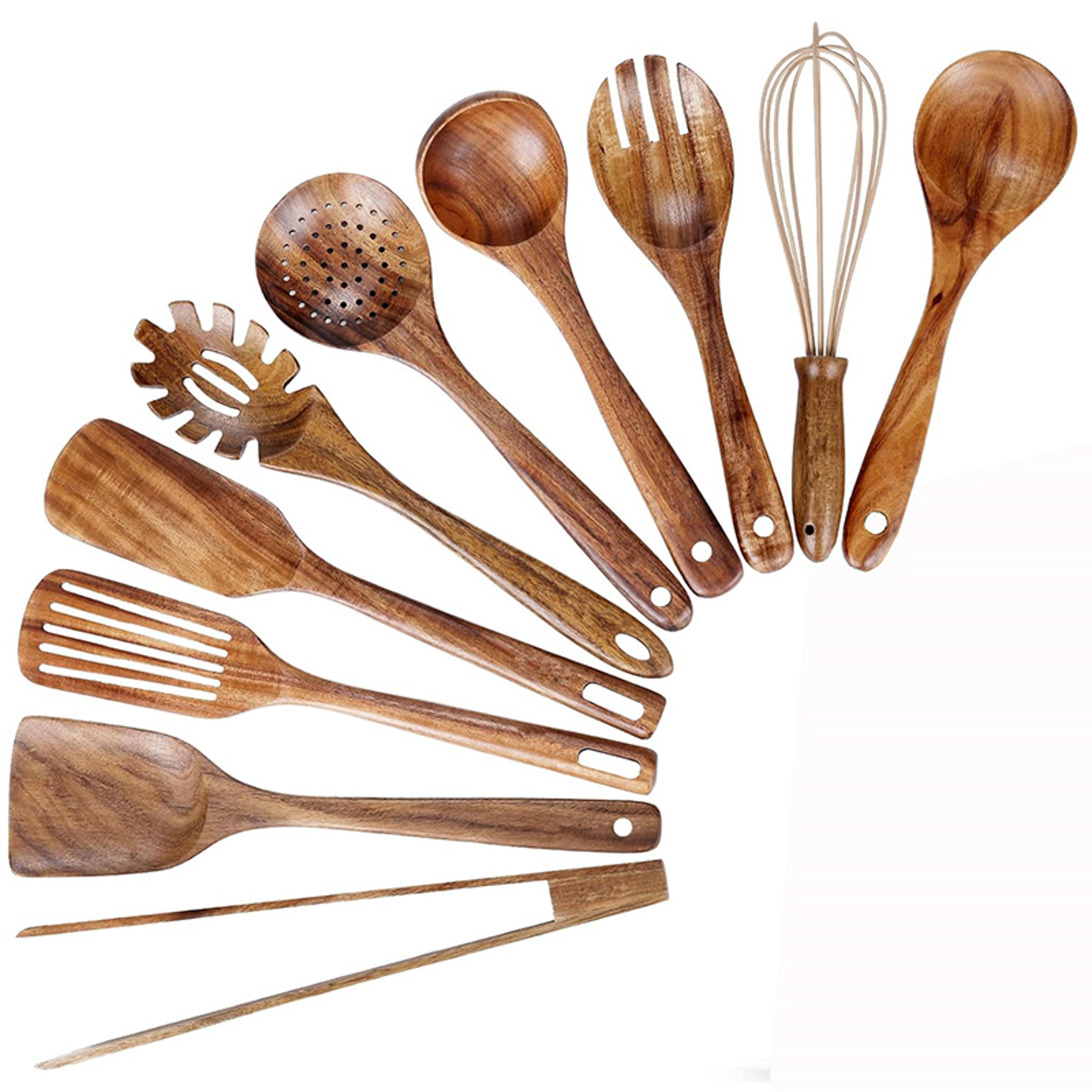 natural teak wooden kitchen utensil set, wooden spoons and spatula, cooking utensil set for baking