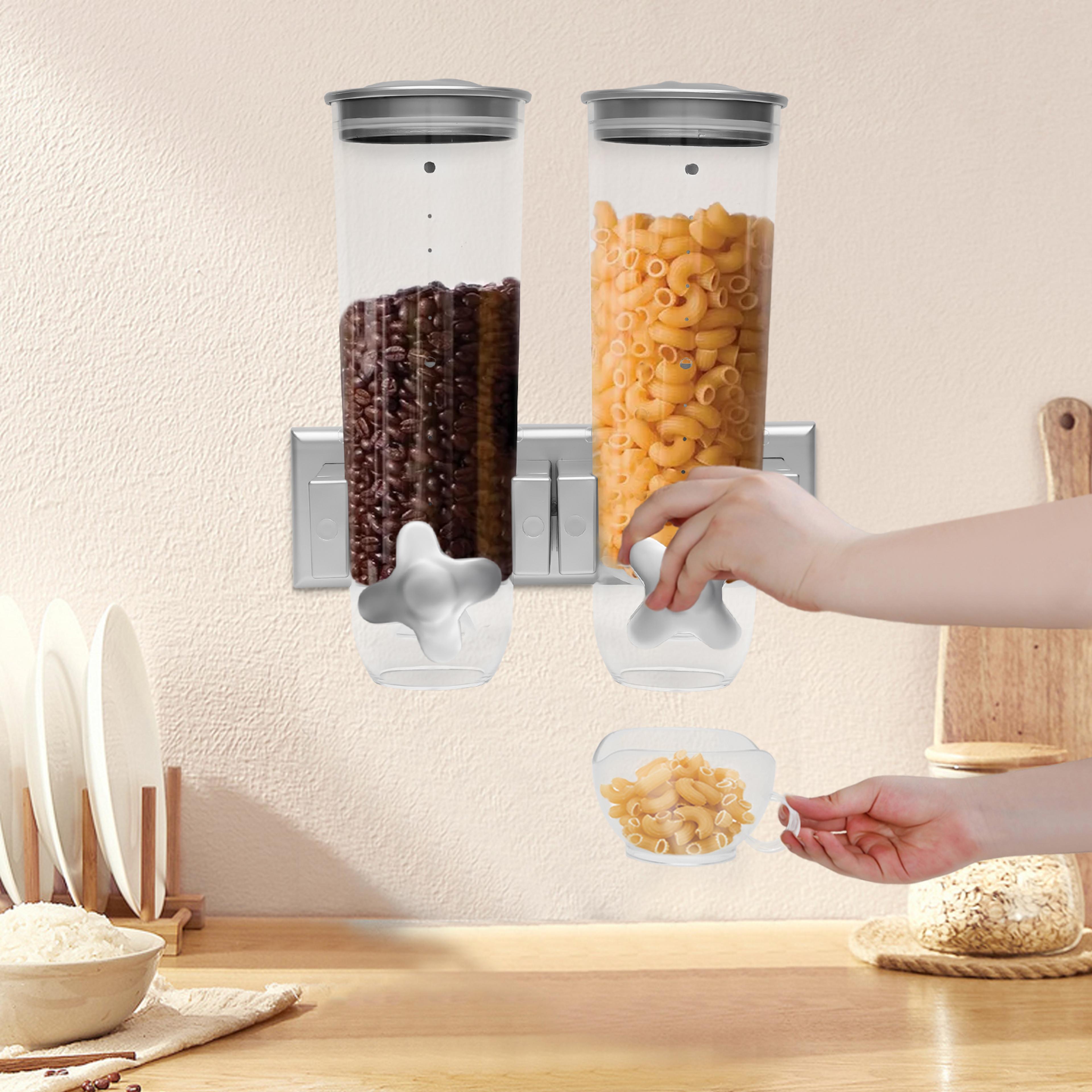 wall mount food dispenser, dual-bucket dry food storage, portion control for rice grains, space-saving kitchen organizer