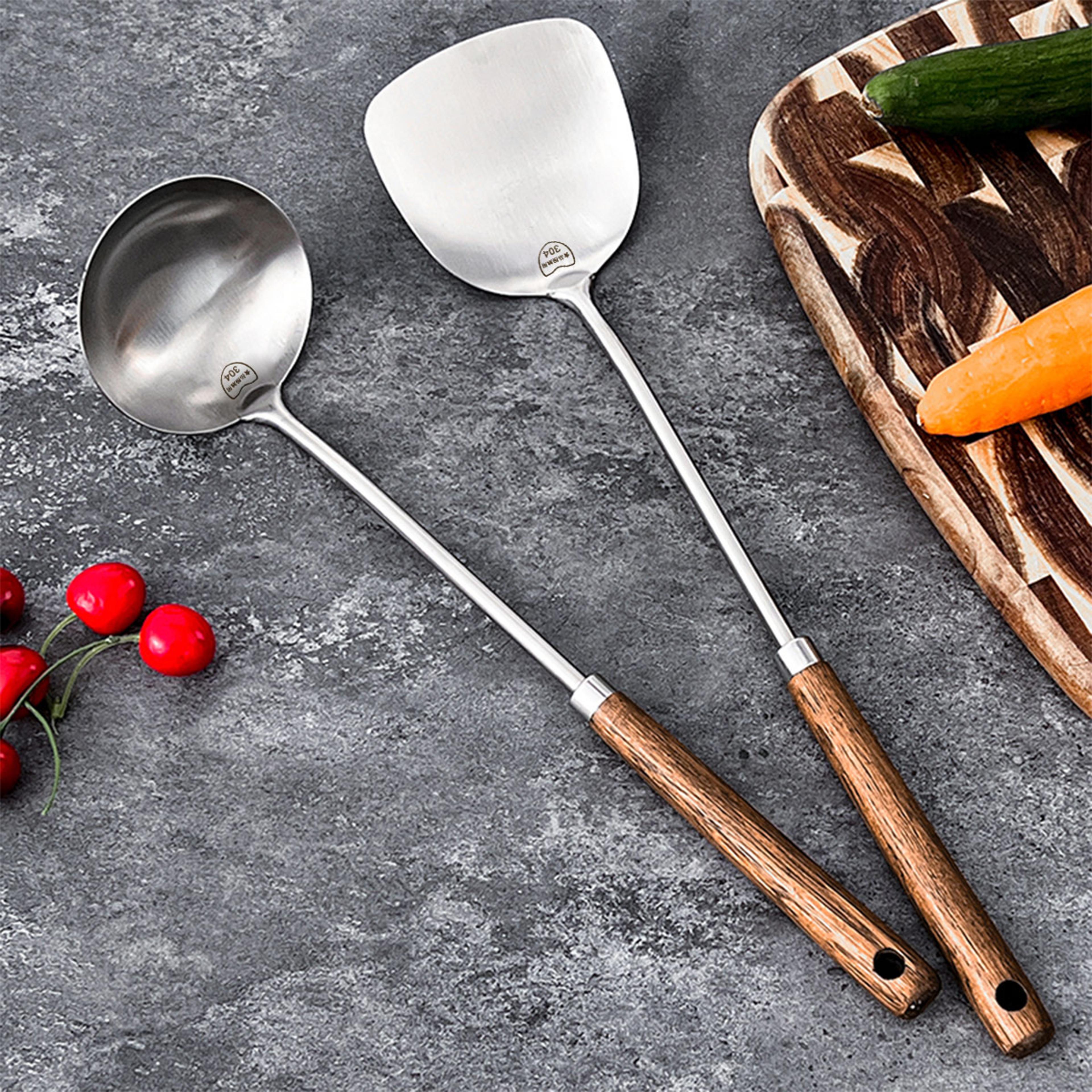 stainless steel turner with wooden handle, heat resistant long handle soup ladle spatula, kitchen cooking utensils