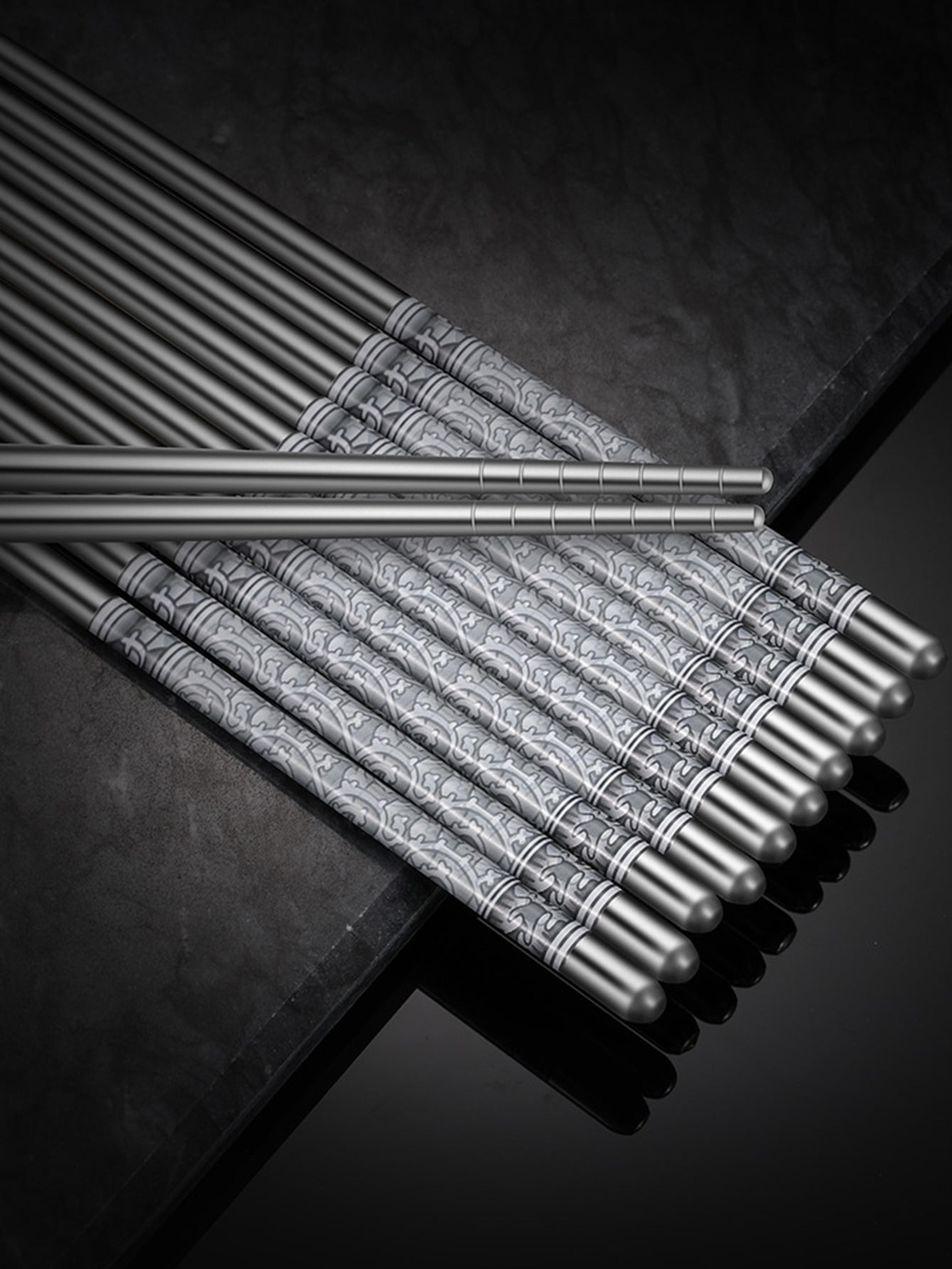 stainless steel chopsticks, dishwasher safe, reusable metal non-slip chopsticks, blue, white pattern