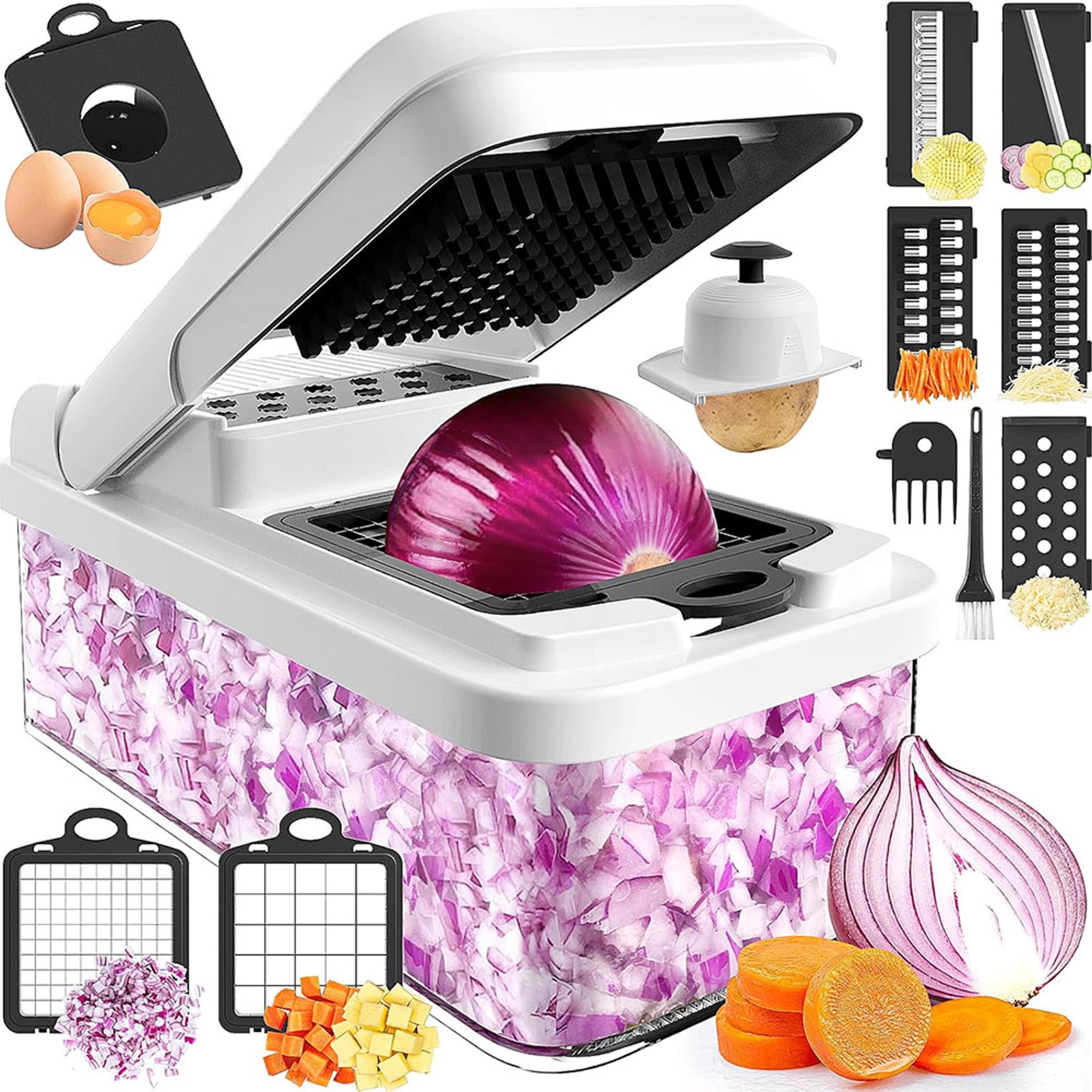 quickprep 15 in 1 vegetable chopper with 7 blades, food chopper & mandoline slicer container