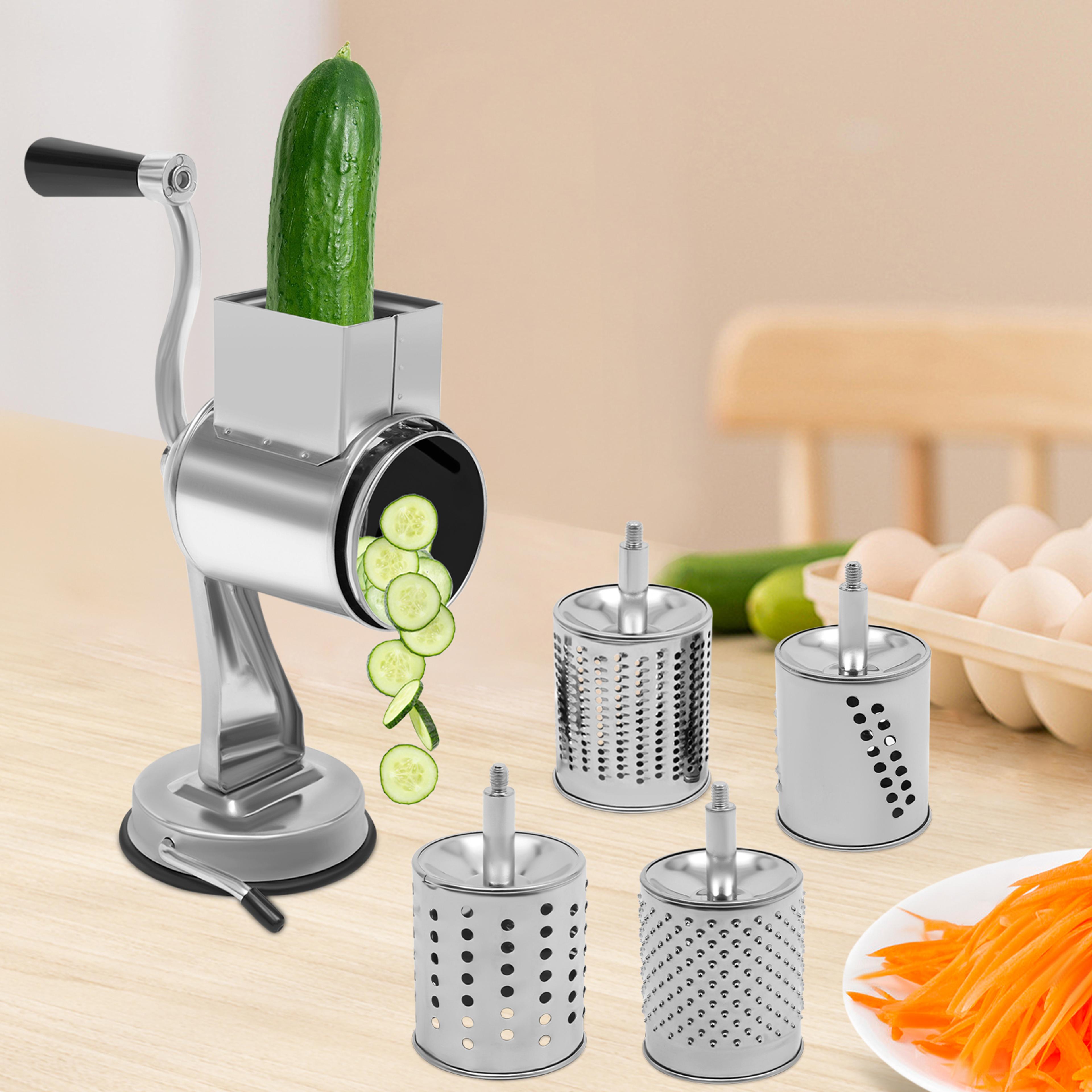 premium manual rotary grater & vegetable slicer with 5 stainless steel blades multi use cheese shredder & nut grinder