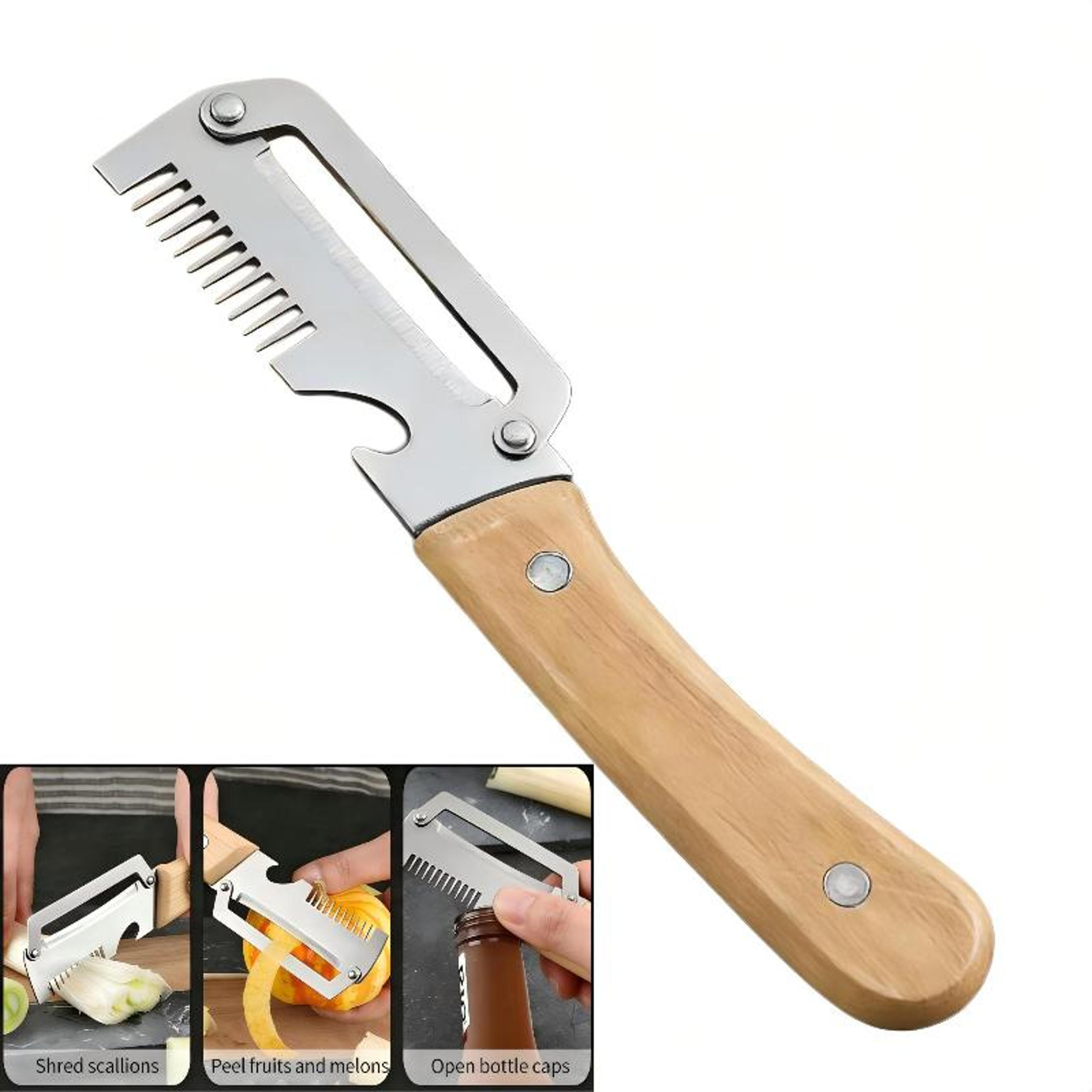 wooden handle stainless steel vegetable peeler kitchen tool with built in bottle opener