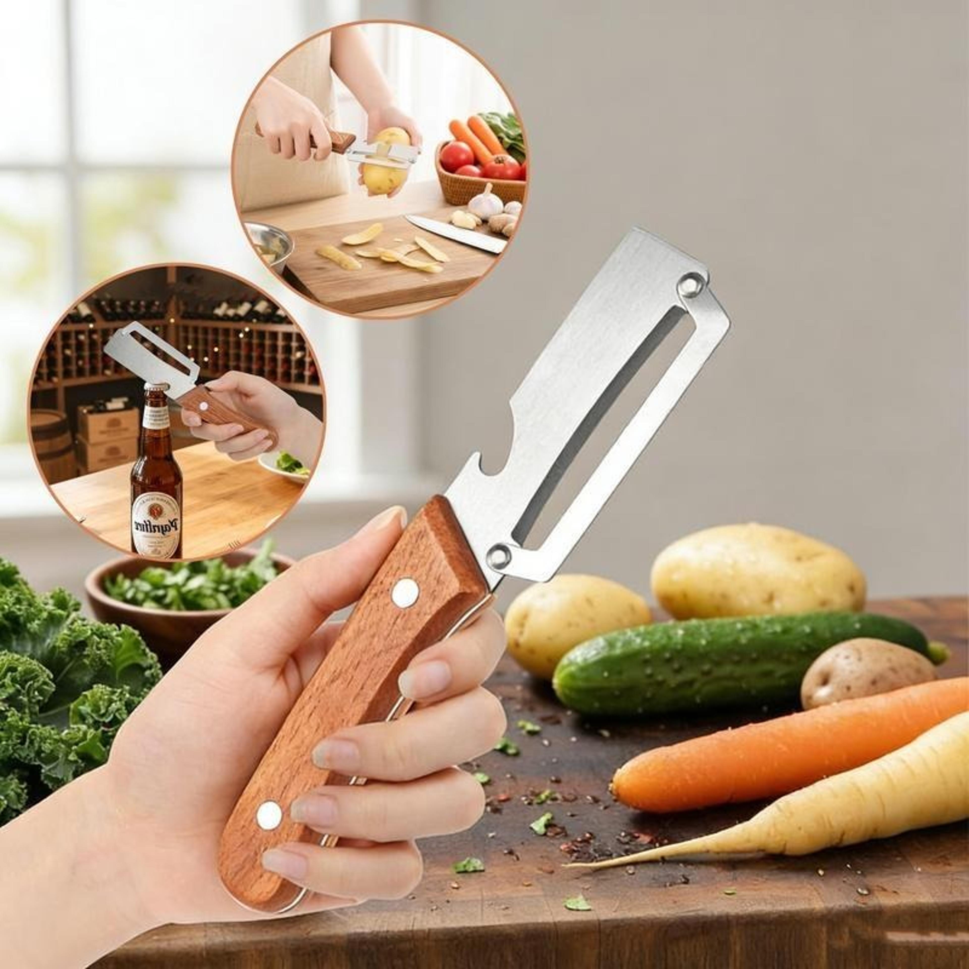 2- n 1 vegetable peeler & bottle opener set with wooden handle