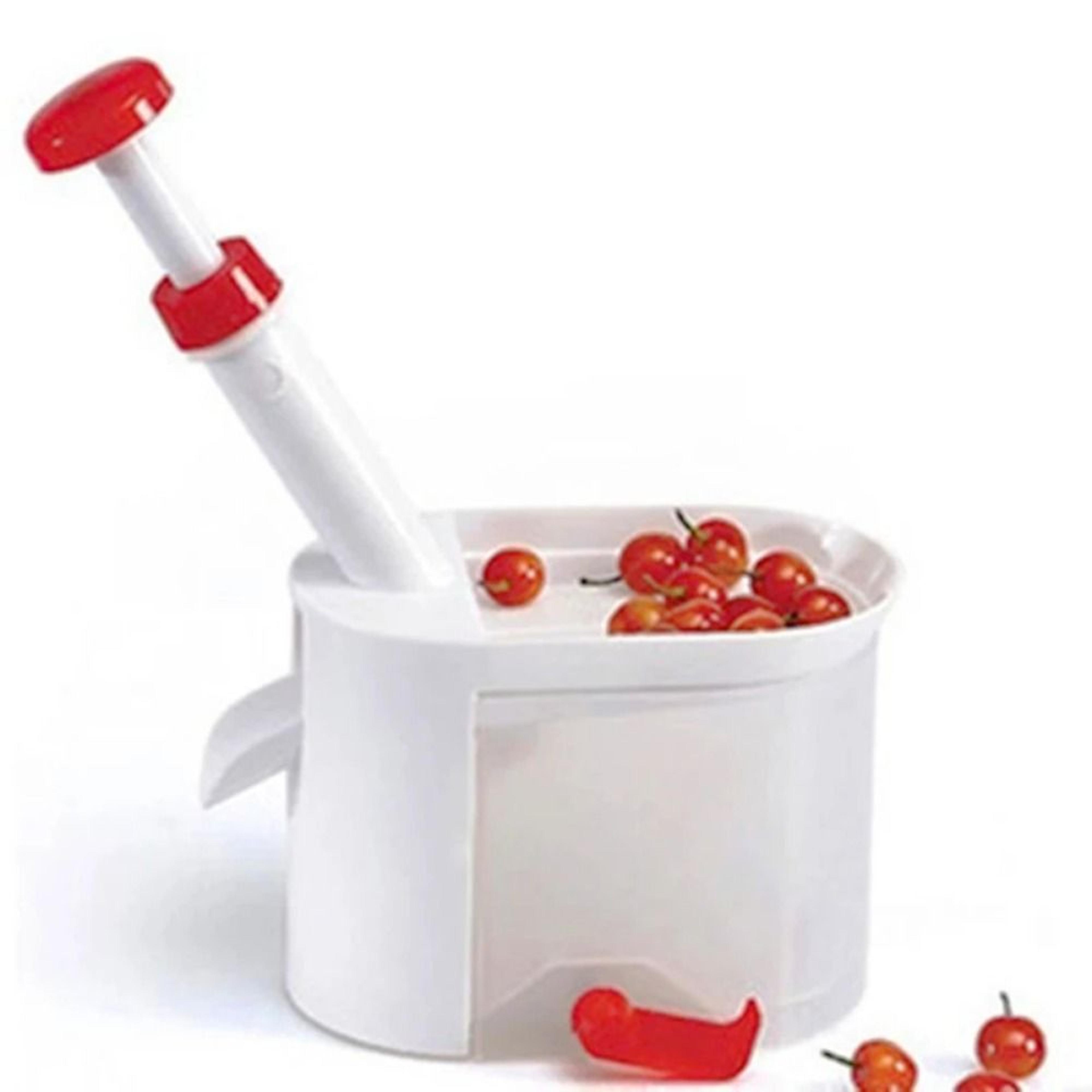 manual cherry pitter tool with handle, olive pit remover, kitchen fruit stoner with transparent container