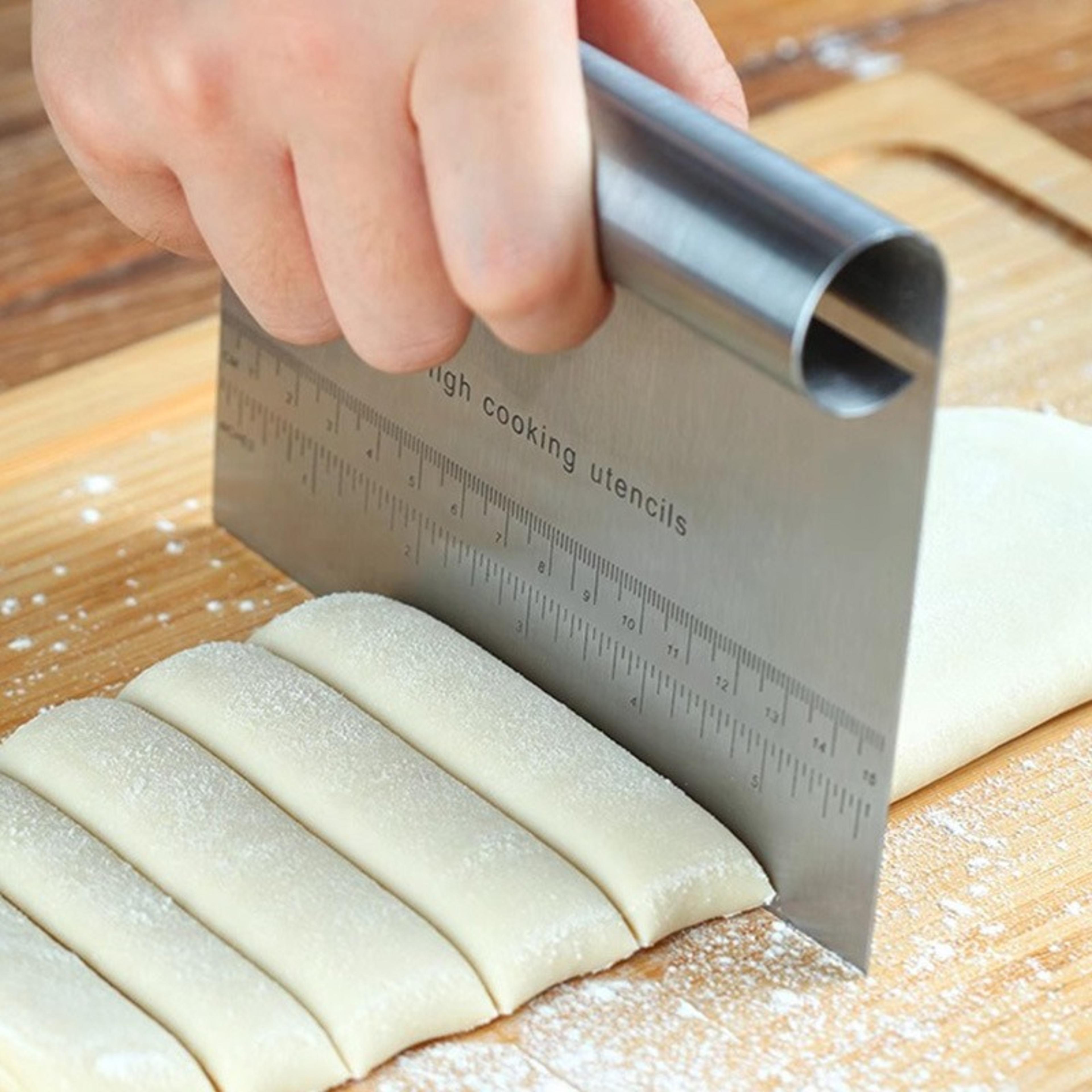 stainless steel dough cutter & bench scraper with measuring scale for bread, pizza & pastry baking