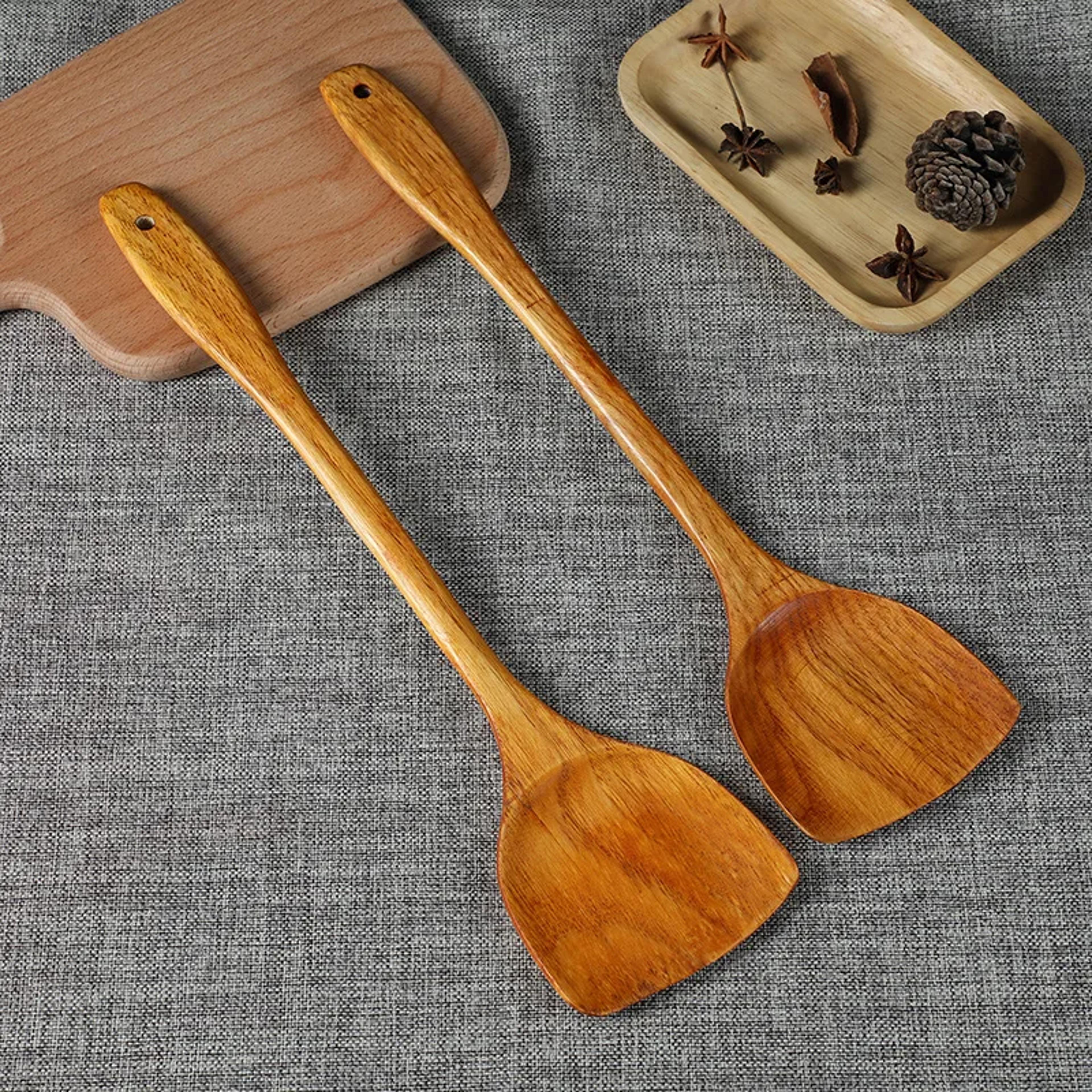 premium wooden cooking spatula long handle bamboo kitchen turner for non stick cookware