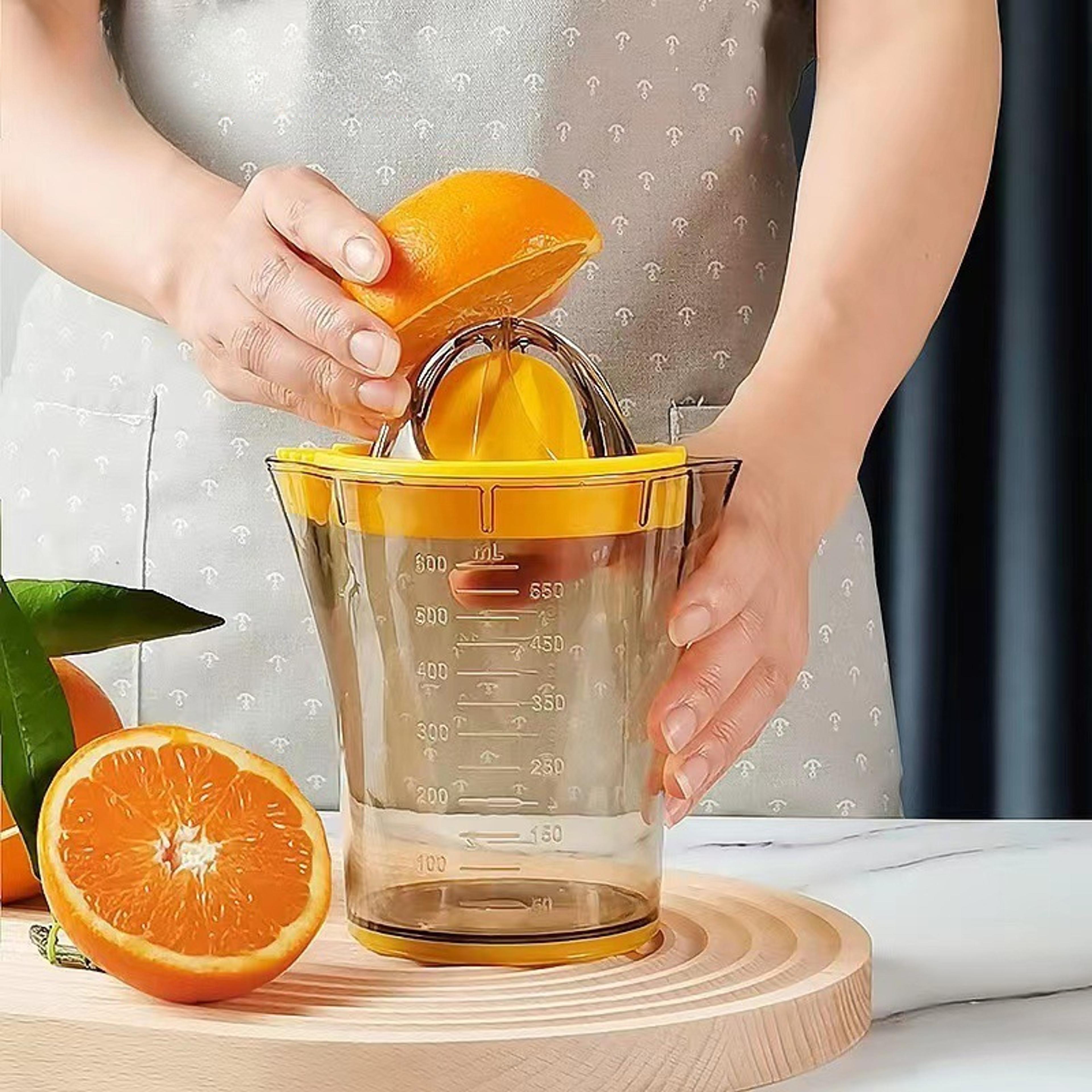 fresh press manual citrus juicer with measuring cup & scale for lemons, limes & oranges