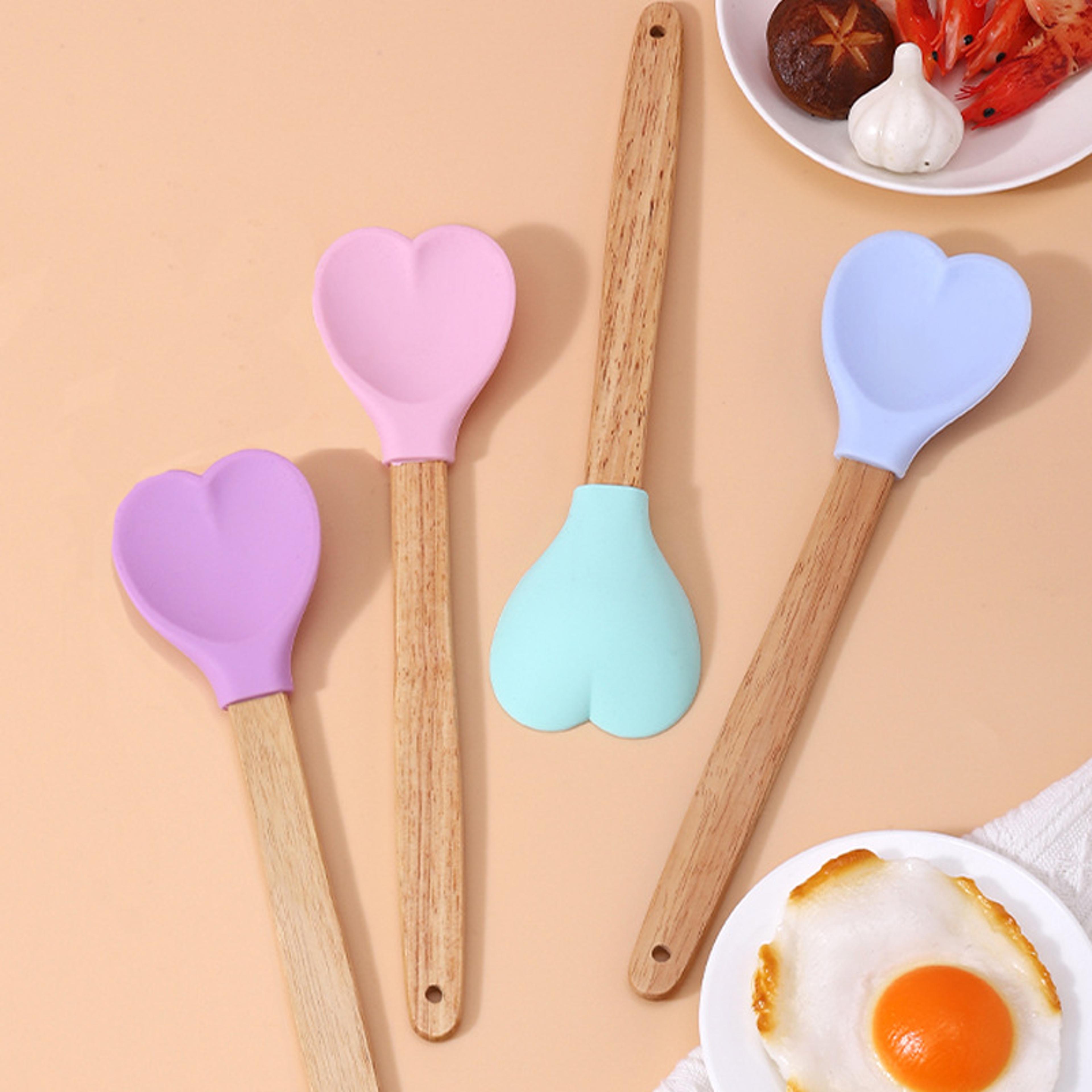 heart shaped silicone spatula with wooden handle for baking, mixing & cooking
