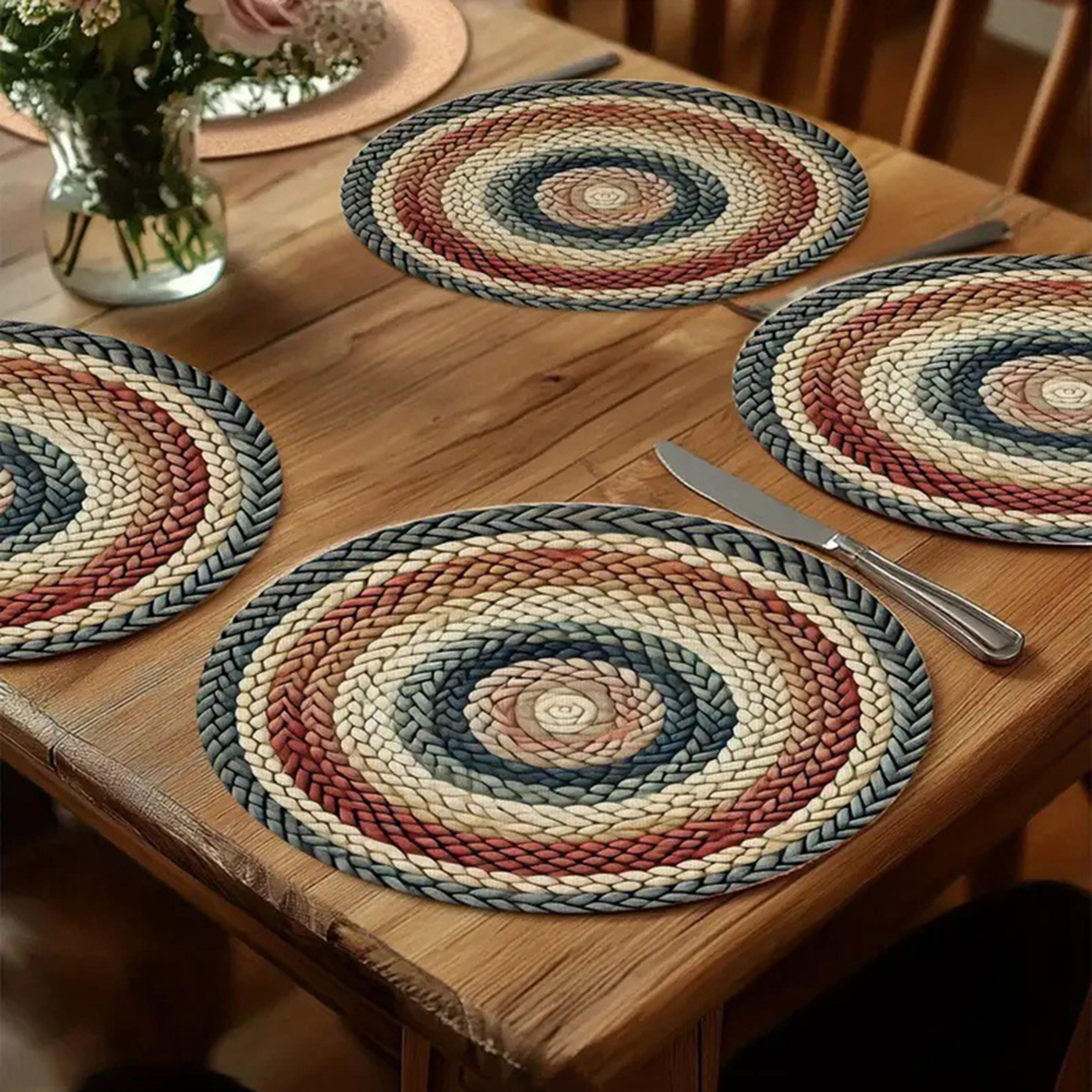4 piece boho placemats round woven beige table mats for farmhouse dining & kitchen decor