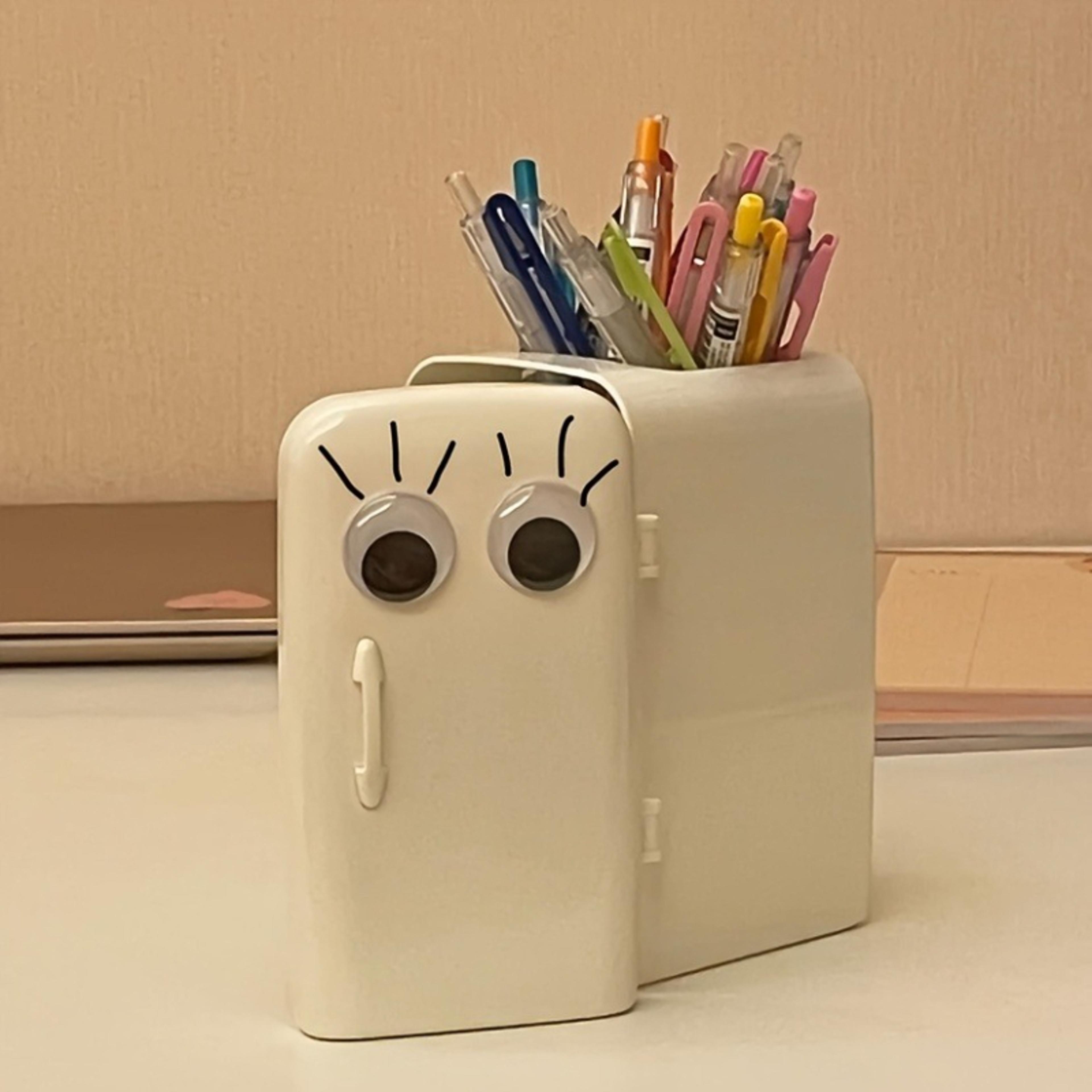 1pc cute cartoon refrigerator shaped pen holder, fun desktop storage with playful eyes smiling face