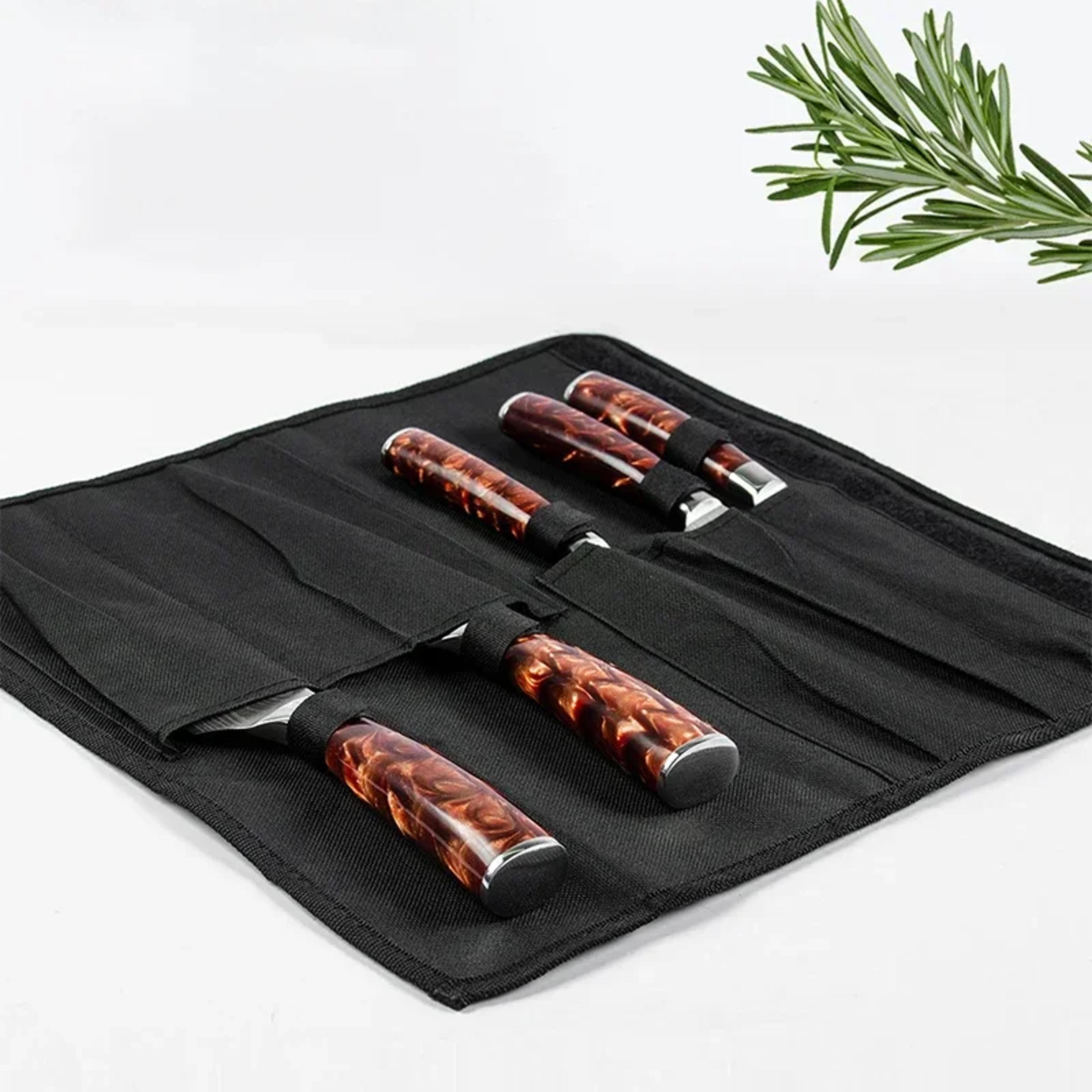 black chef knife roll bag, 5 pocket portable carry case for kitchen knives durable oxford storage bag with punch design