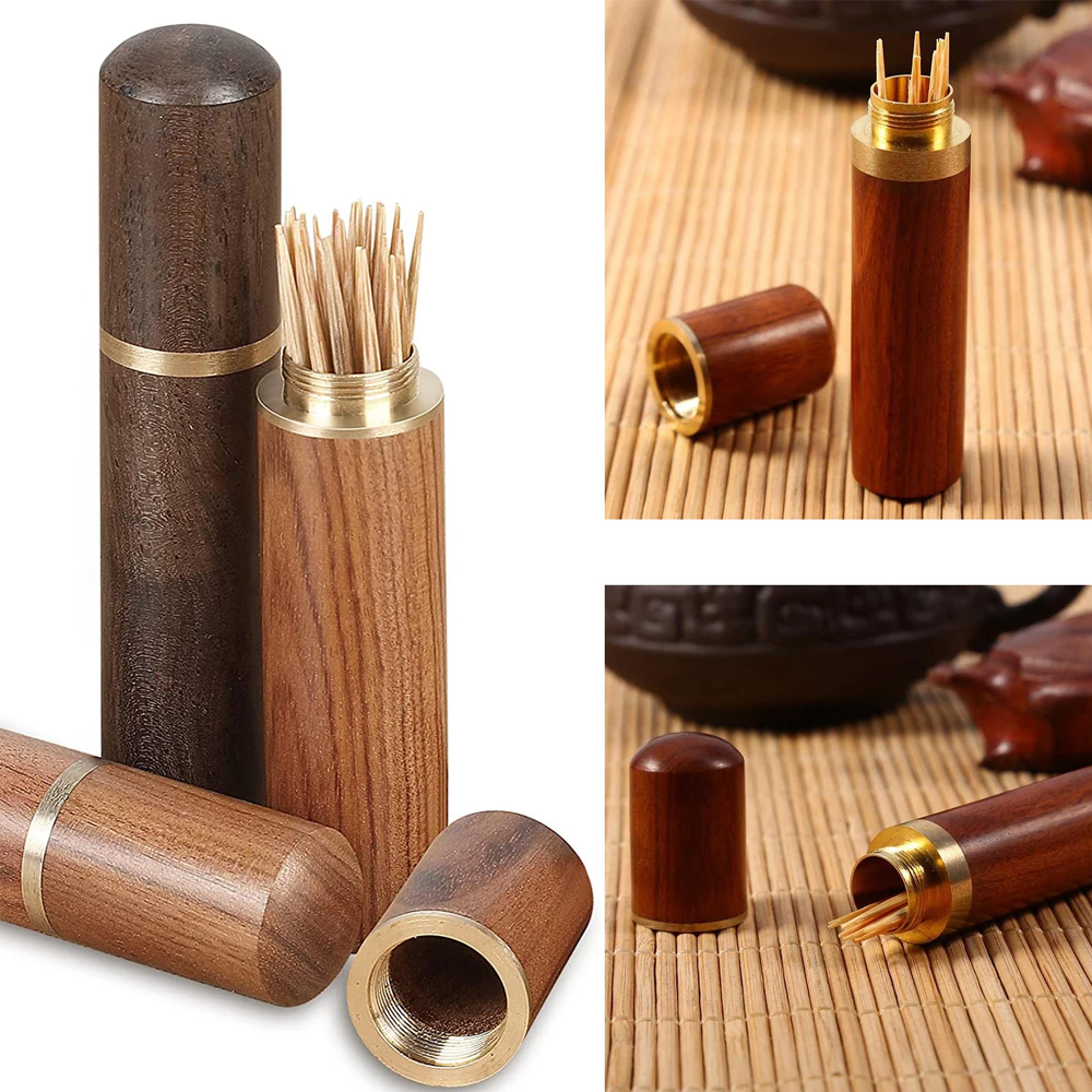 portable wood toothpick holder, mini toothpick storage box for living room, pocket-sized toothpick dispenser stainless