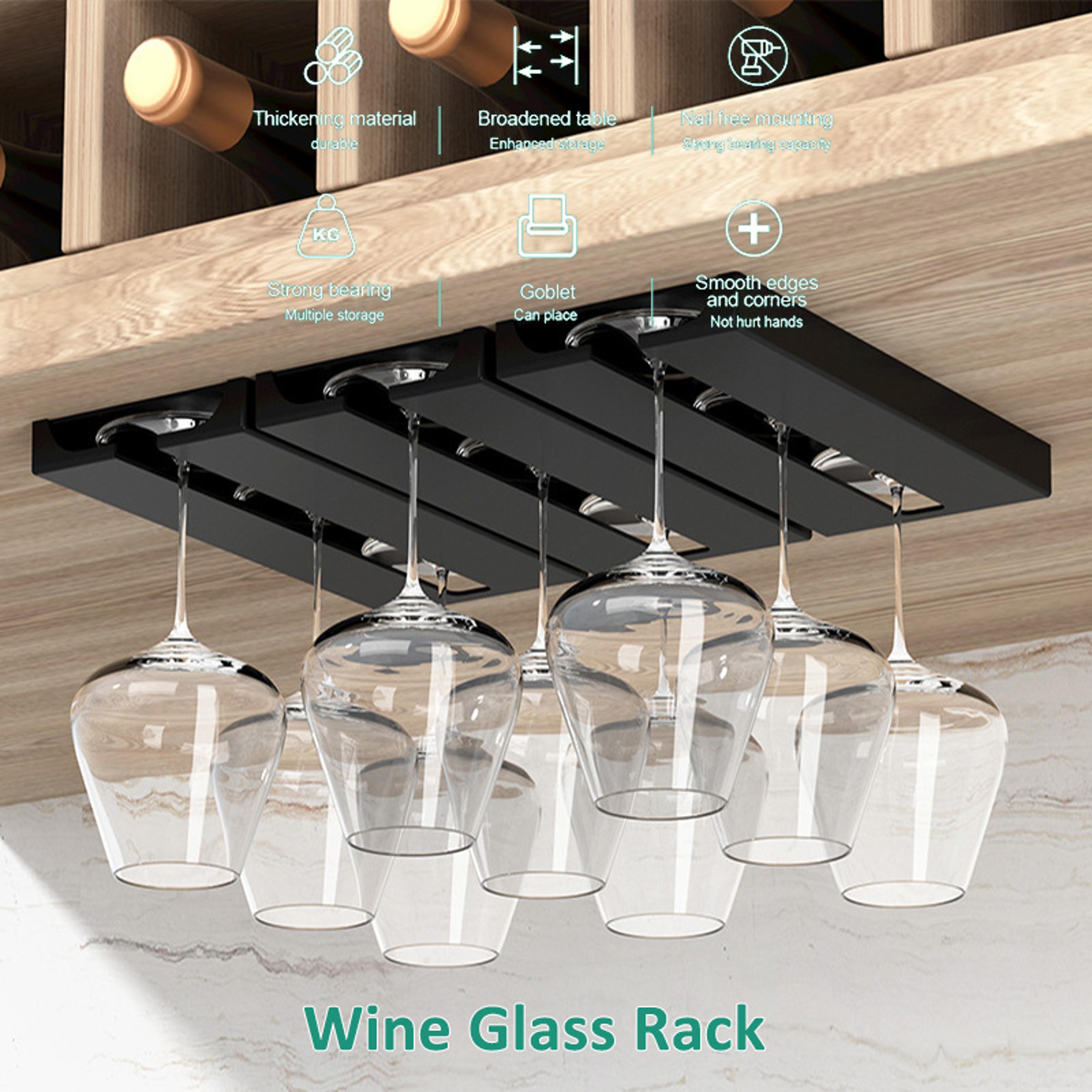 under cabinet wine glass rack, no drill stemware holder for kitchen, hanging goblet, cup organizer with punch