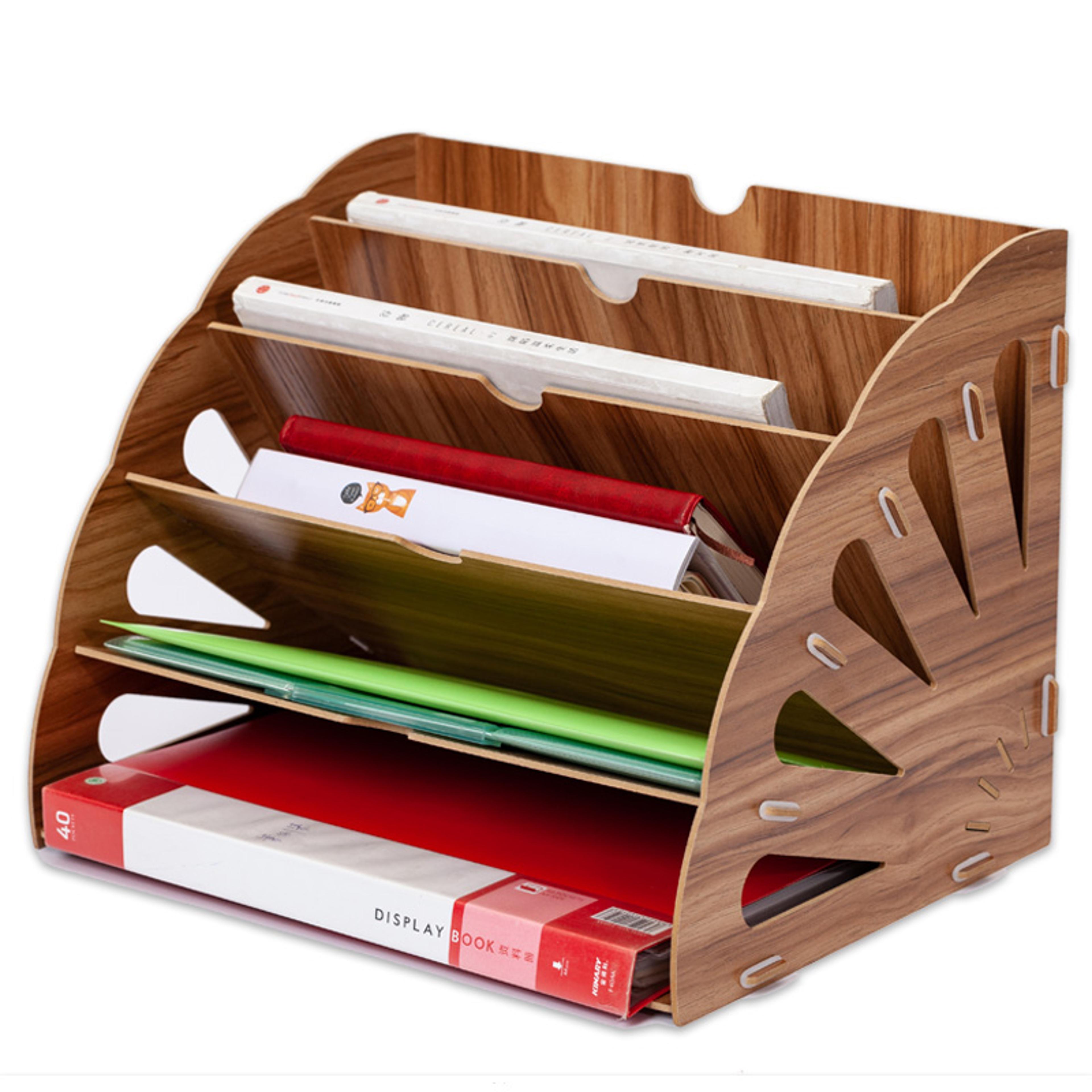 wooden fan multi-layer standing test paper tray, vertical organizer file rack data storage, office stationery, binder