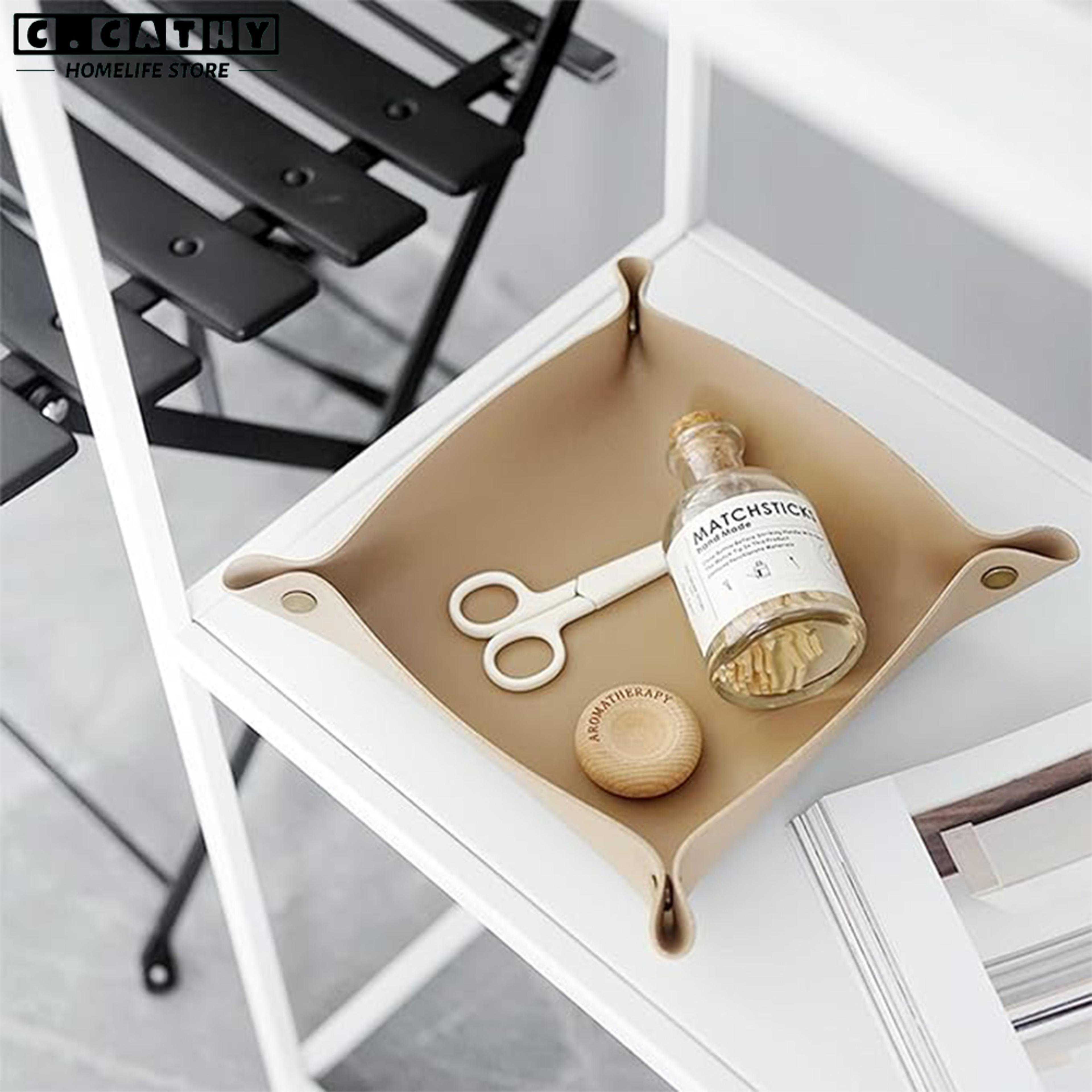 foldable leather tray, jewelry, key catchall organizer for desk, entryway, nightstand multi-purpose storage box