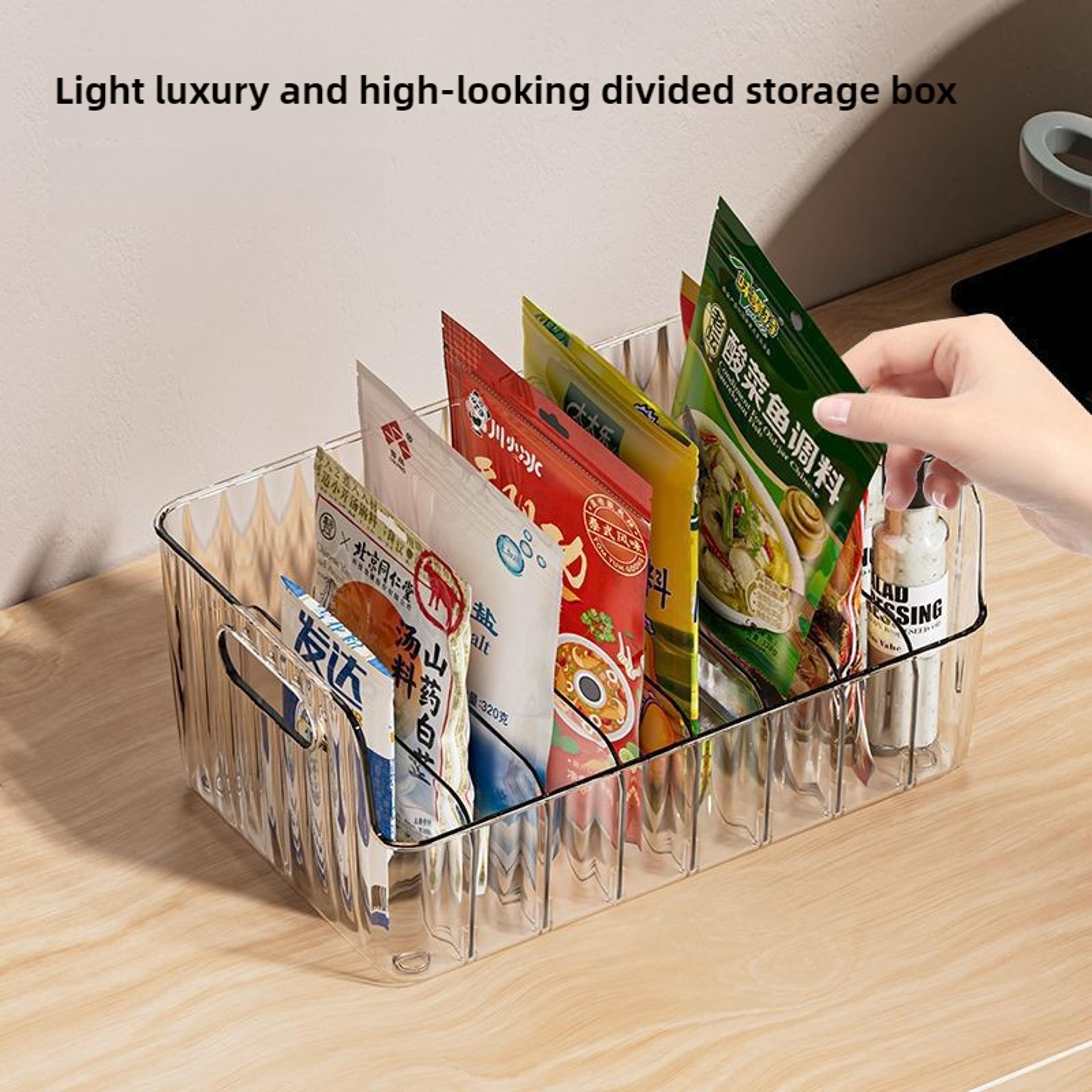 large capacity spice rack, transparent divided cosmetic & food storage box, countertop spice shelf for kitchen pantry