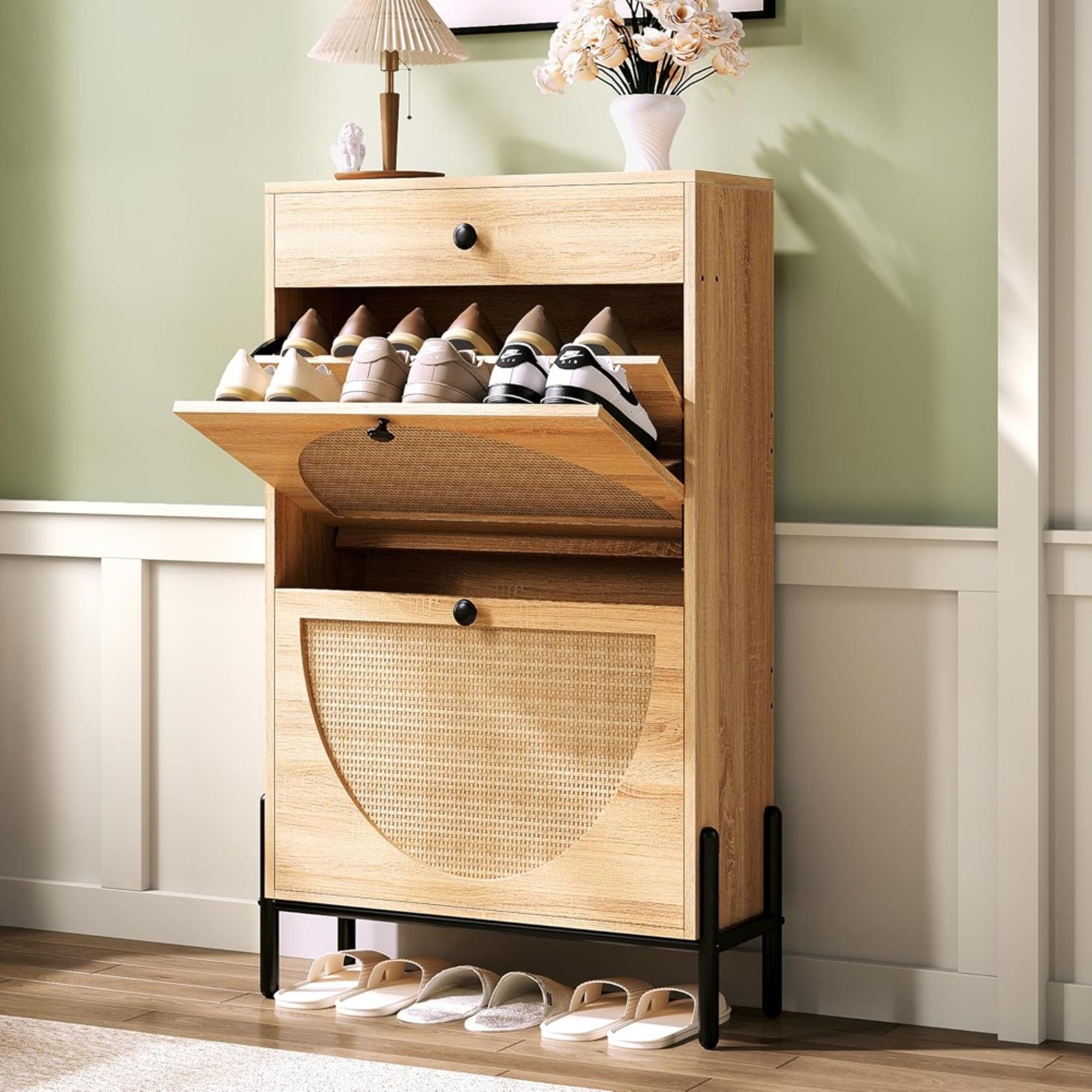 bohemian shoe cabinet with 2 flip drawers, free standing shoe storage organizer with rattan doors for entryway