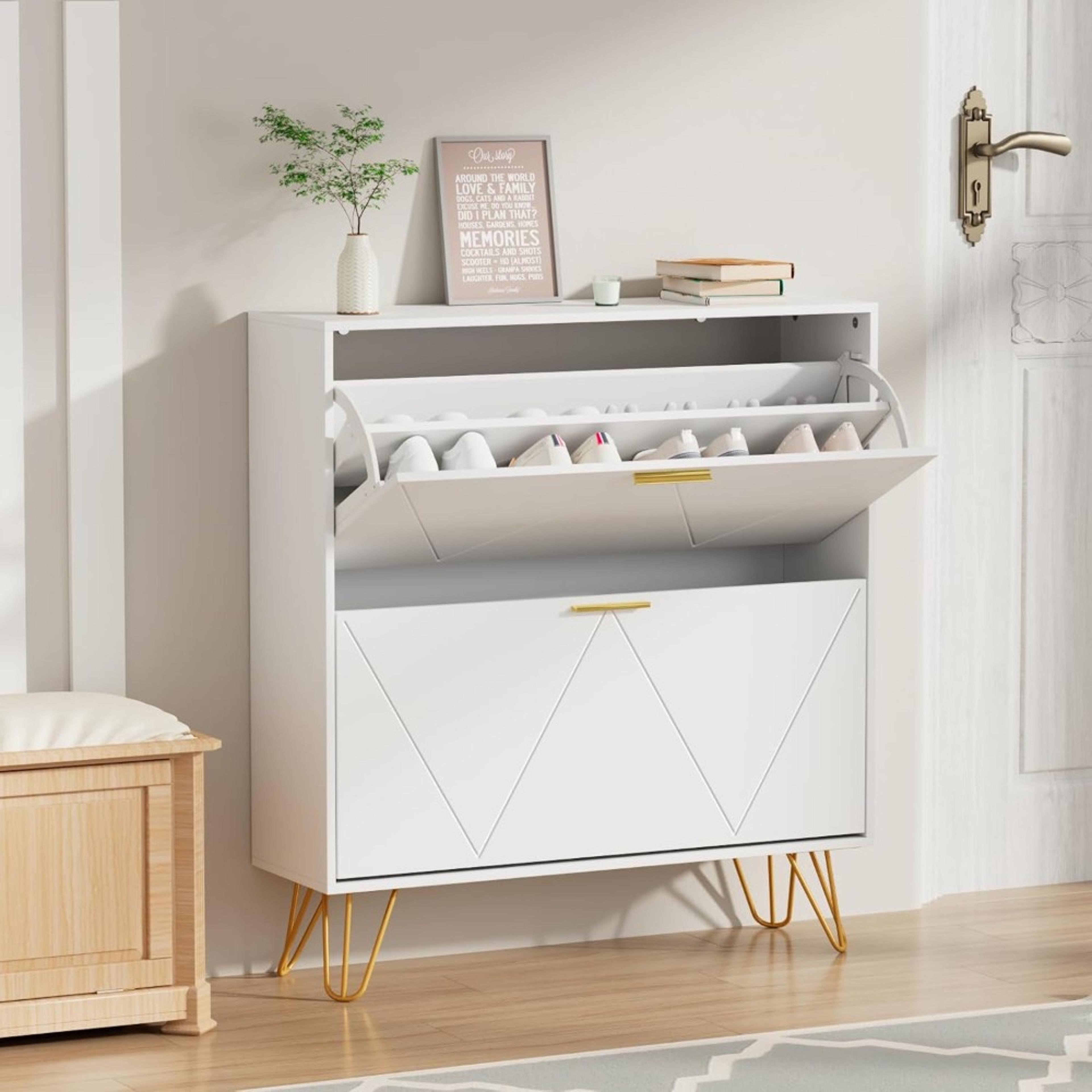 space-saving shoe storage cabinet, wood organizer for entryway with 3 flip drawers, freestanding rack, adjustable shelf