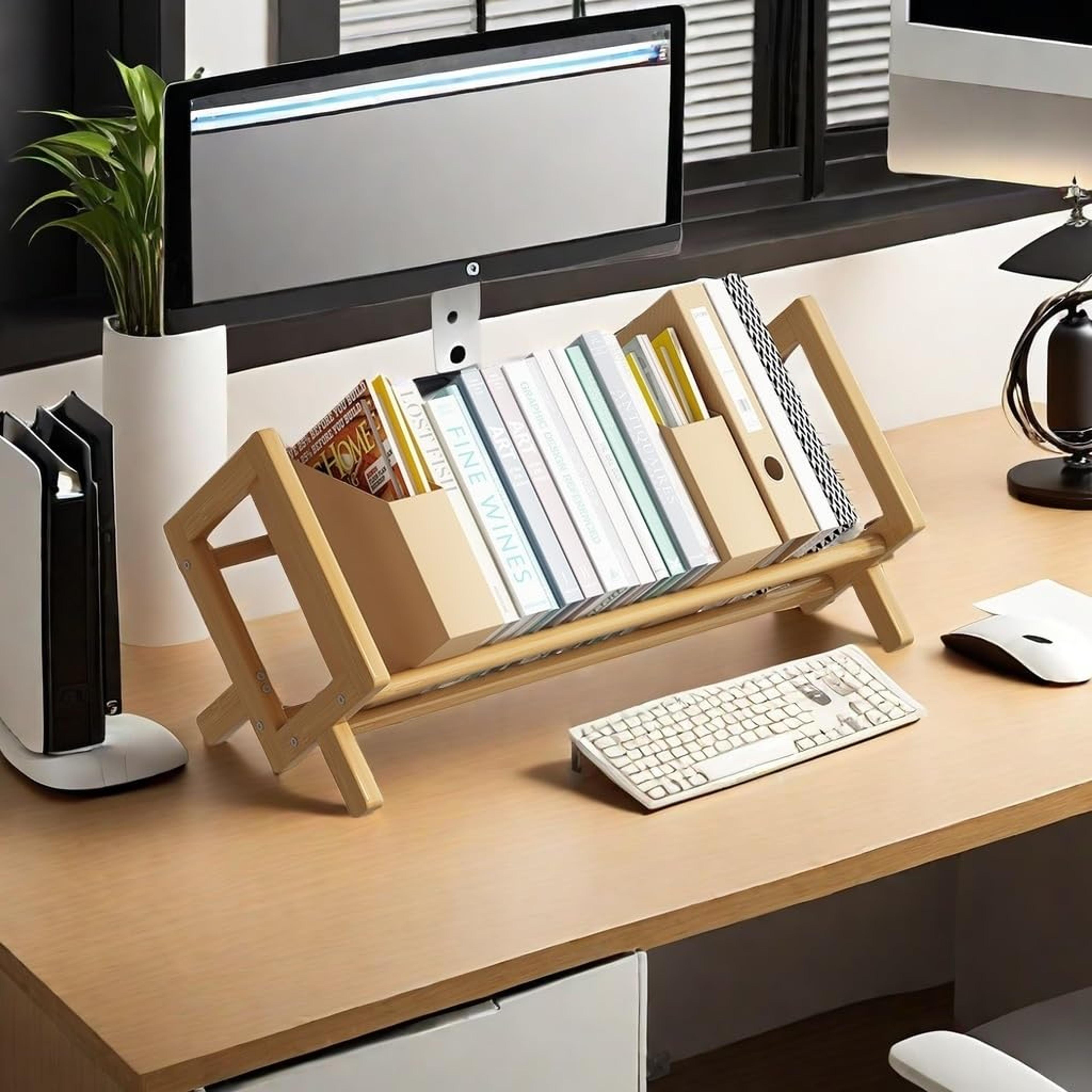 desktop bookshelf organizer, bamboo office document, magazine storage shelf for student economy stand with sturdy design